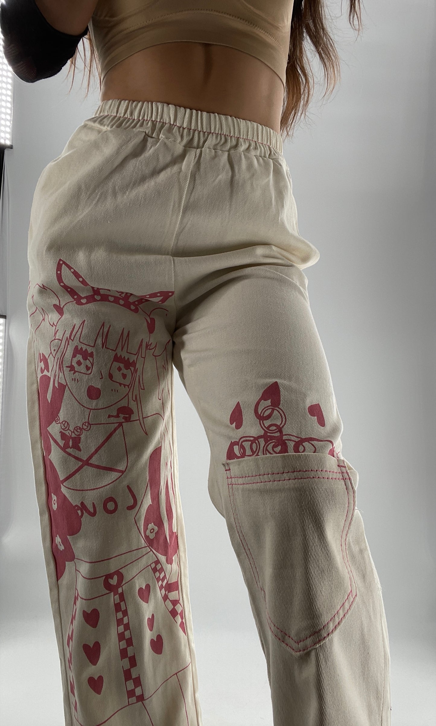 Beige Carpenter Pant with Pocket and Pink Anime Graphic (Medium)