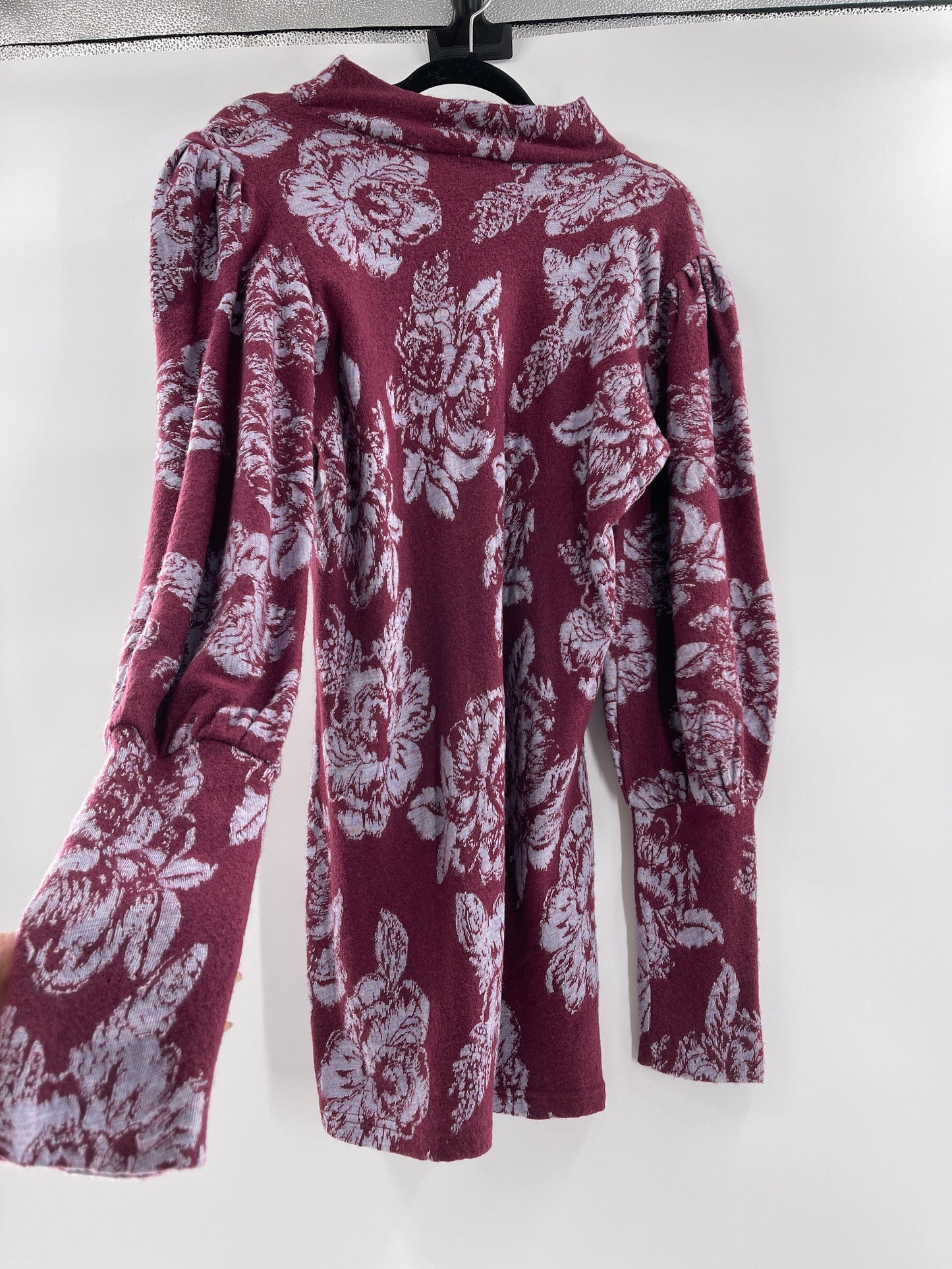Free People Burgandy Floral Mock Neck Long Sleeve Mini Dress (Size L)