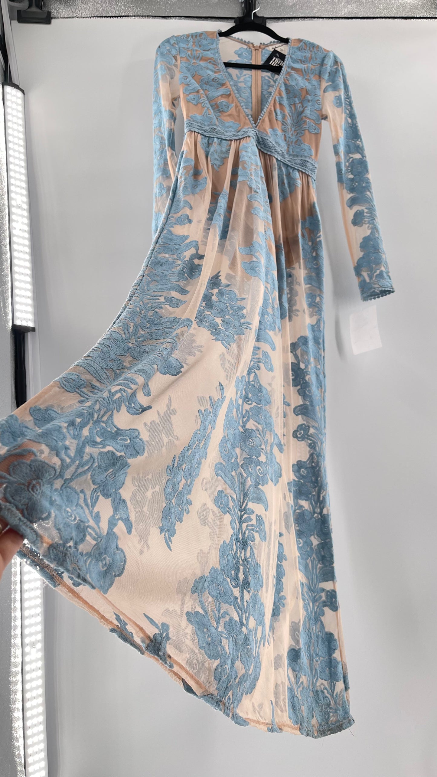 For Love and Lemons Powder Blue Embroidered Temecula Maxi Dress