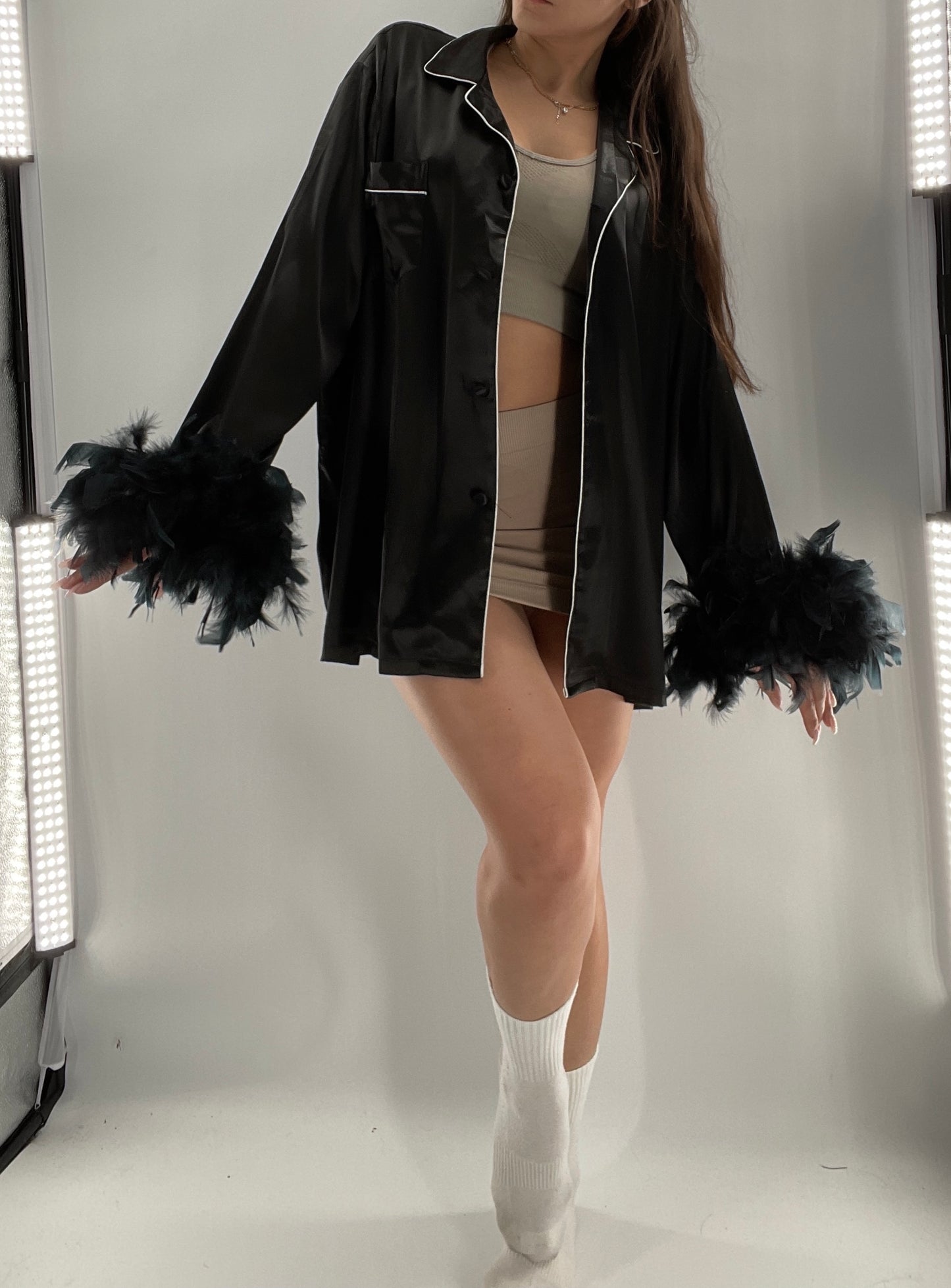 Lonxu Black Satin Pijama Top with Ostrich Feather Cuffs (XXL)