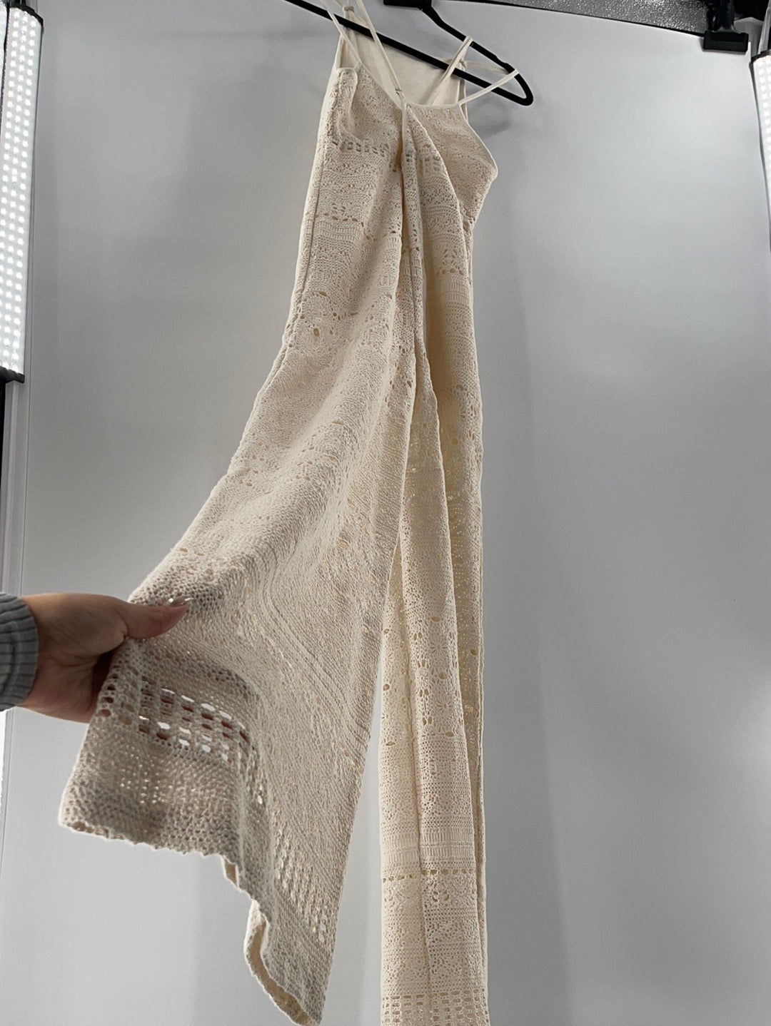 Free People Cream Crocheted Sleeveless Spaghetti Straps Jumpsuit (Size XS)