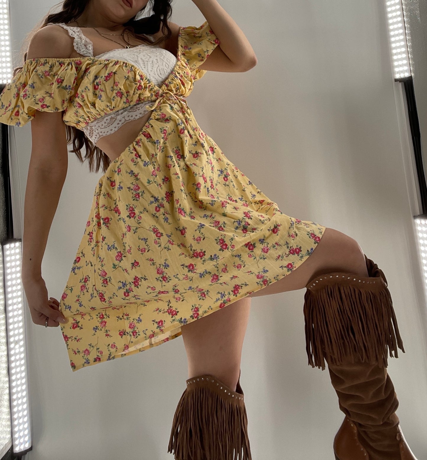 Yellow Cut Out Floral Dress (Small)