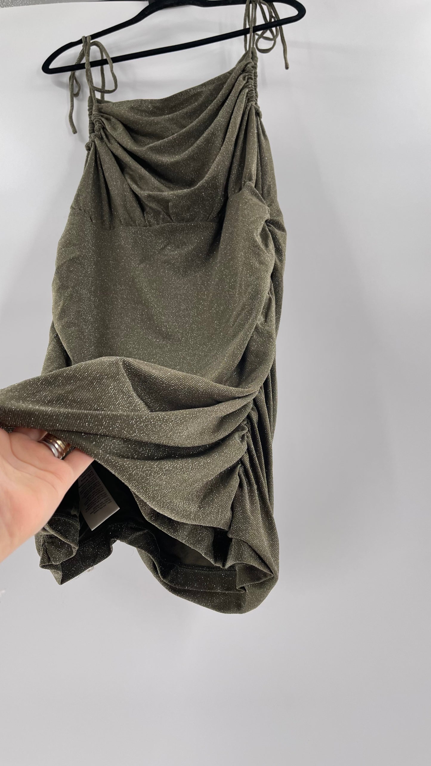 Free People Army Green Glitter Ruche Dress (XL)
