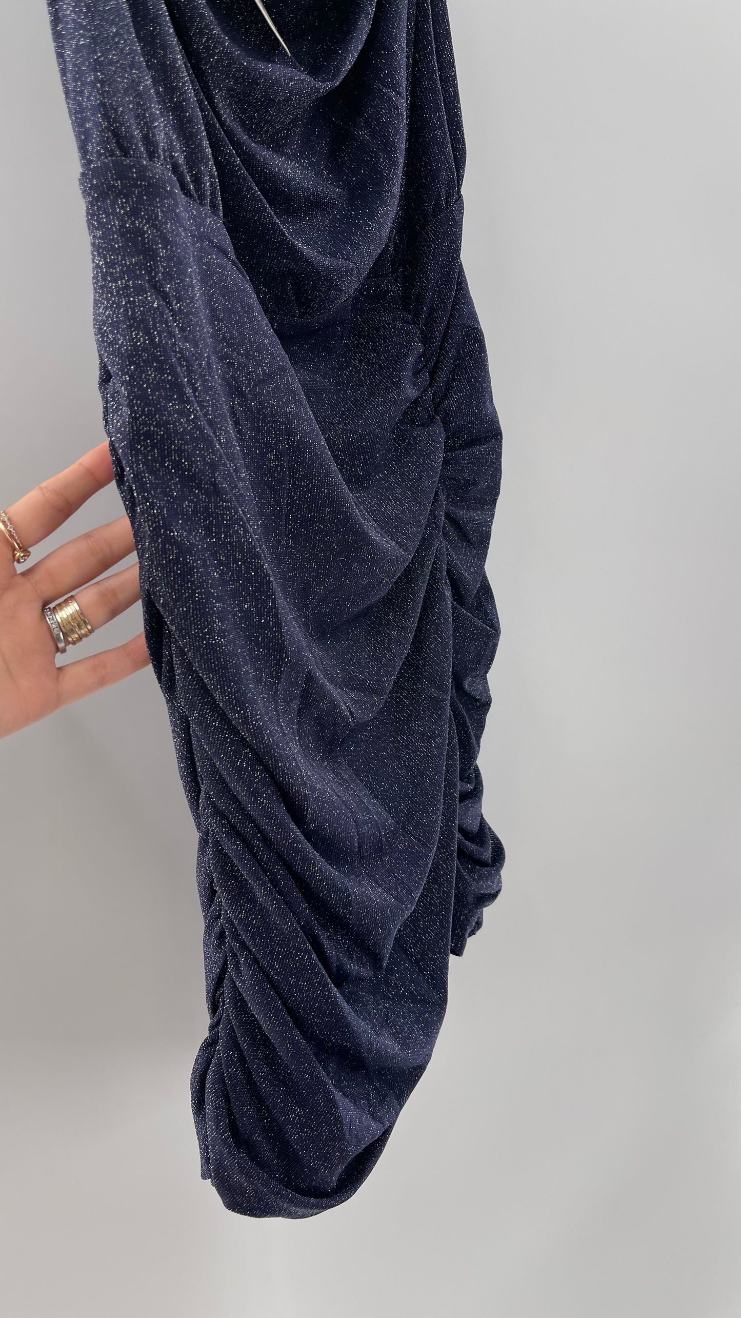 Free People Navy Glitter Ruche Dress (Large)