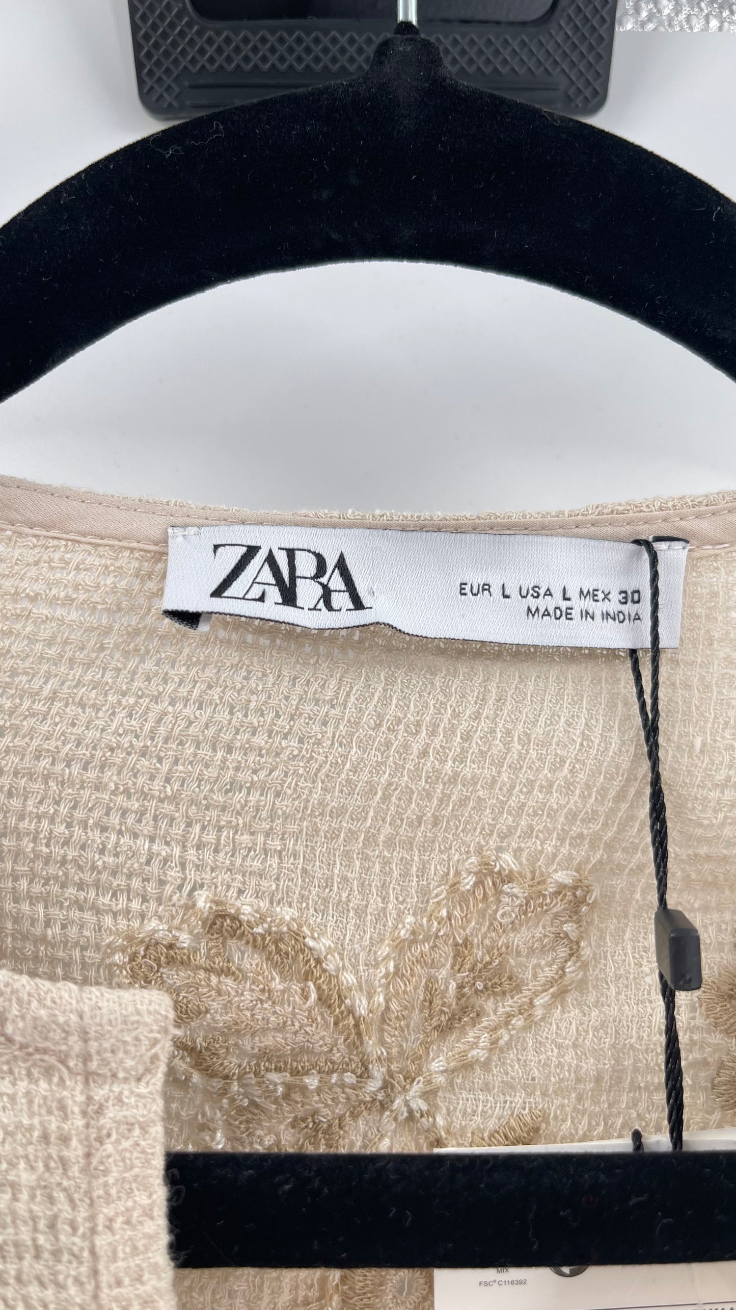 Zara Beige Gauze, Crochet, Embroidered Tunic Blouse (Large)