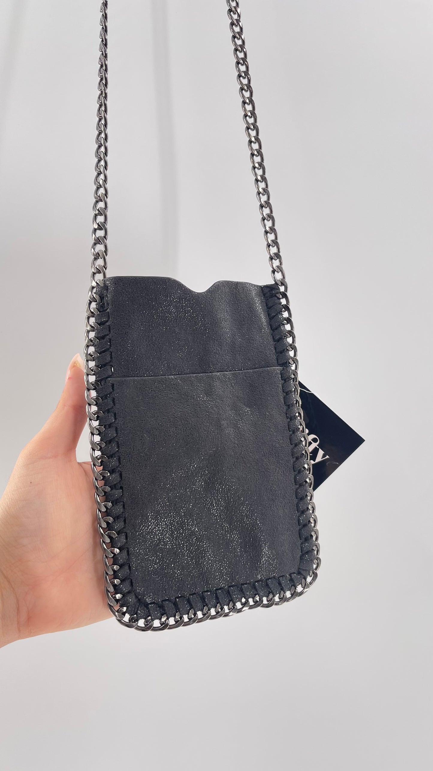 Metallic Black Leather Chain Lined Phone Pouch