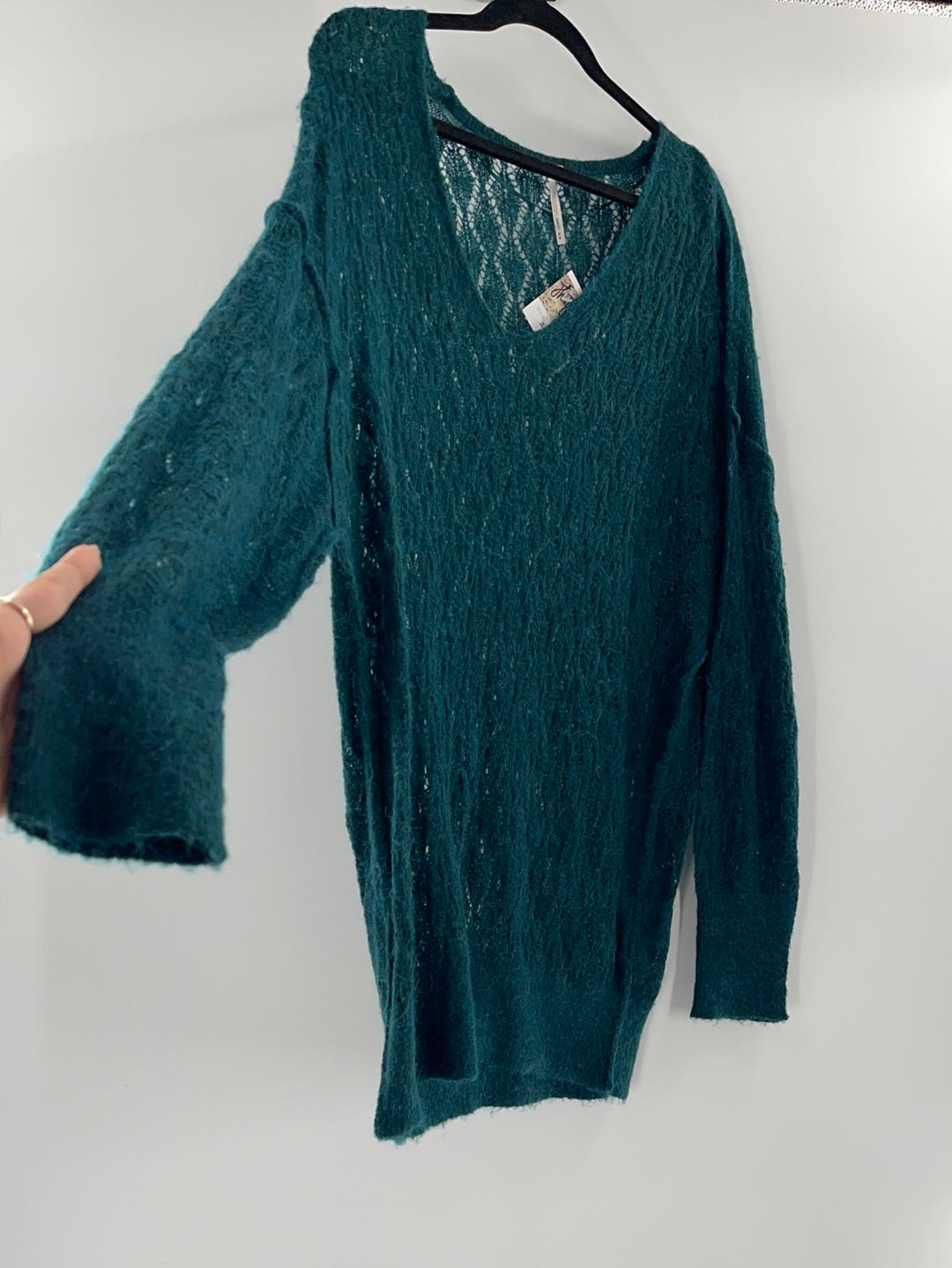 Free People Sheer Green Oversized Sweater (Size Medium)