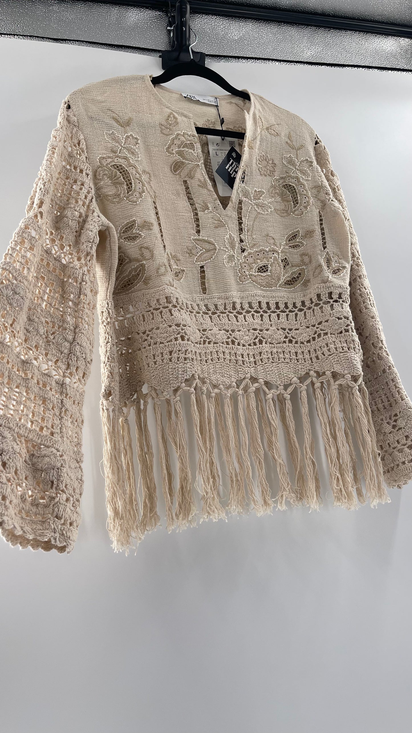 Zara Beige Gauze, Crochet, Embroidered Tunic Blouse (Large)
