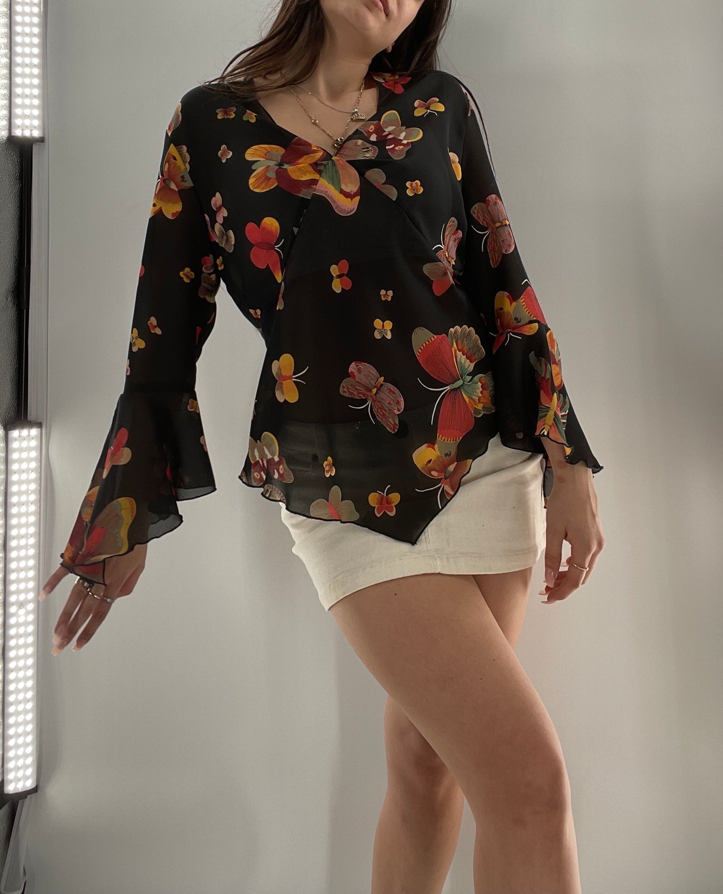Vintage Butterfly Printed Sheer Bell Sleeve (S)