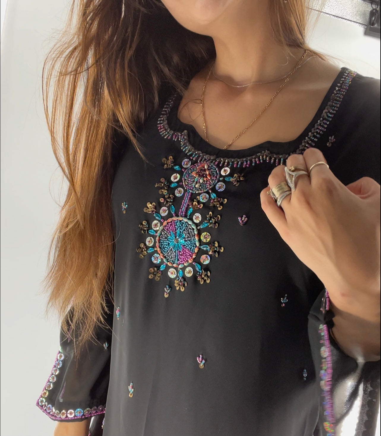 Black Long Sleeve Beaded Tunic (Large)