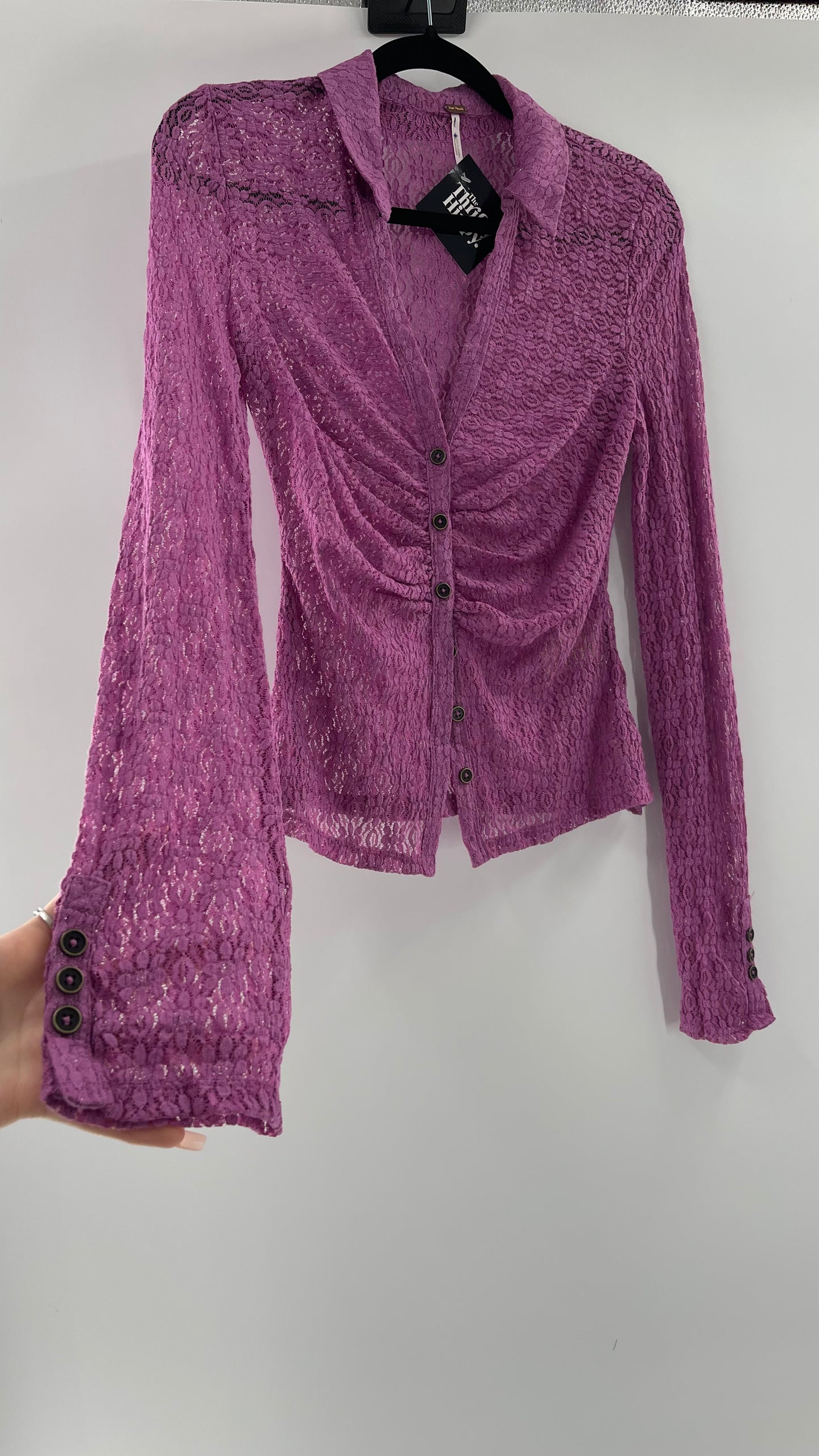 Free People Flower Fields Lavender Lace Collared Button Up (Small)