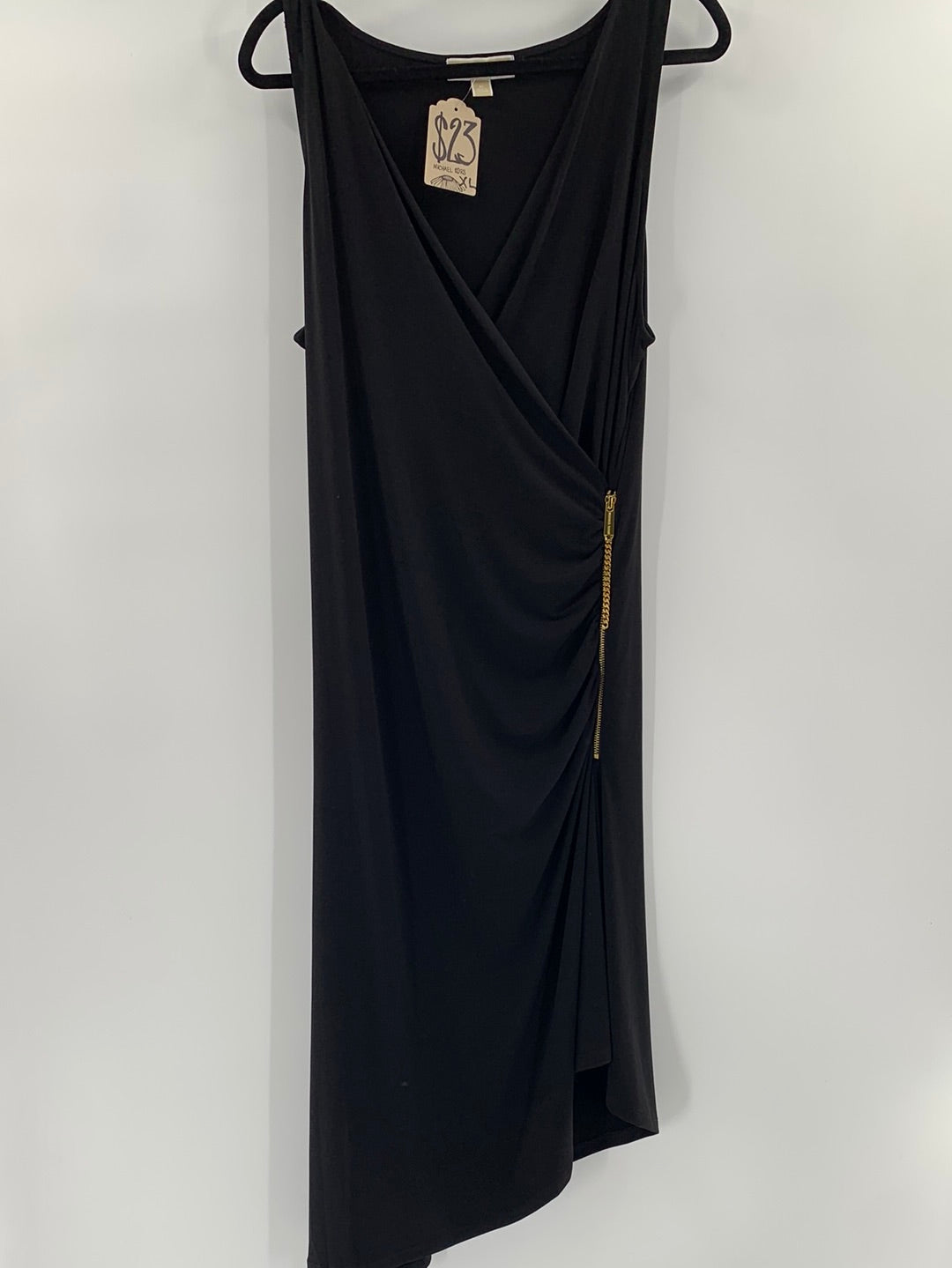 Michael Kors Black Ruched With Gold Size Zipper Asymmetrical Hem Maxi Dress(Size XL)