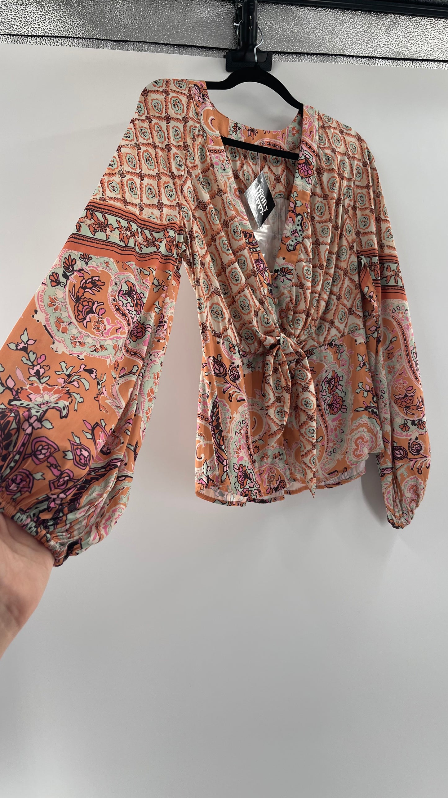 Free People Silky Orange Paisley Tie Front Blouse (M)