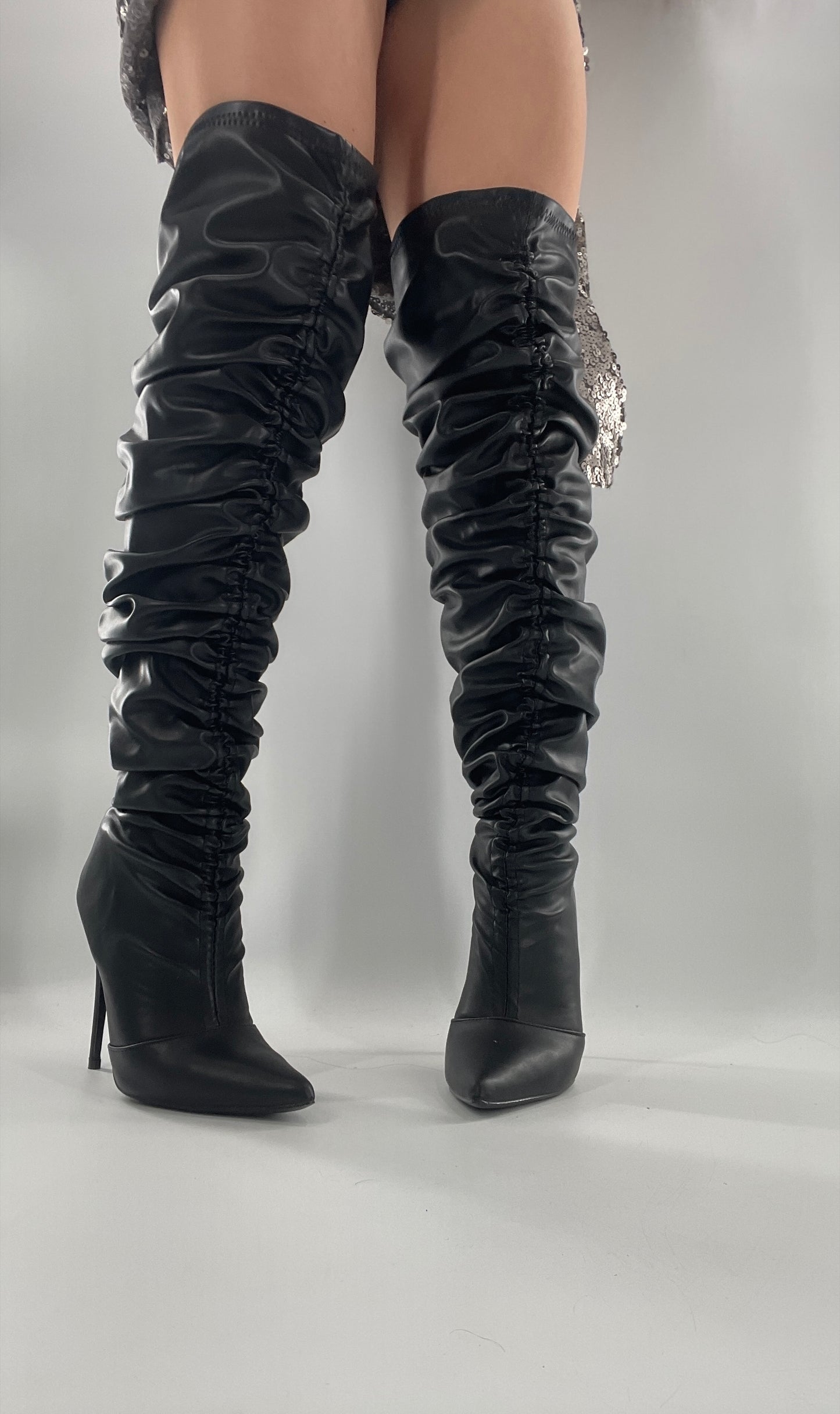 Unlabeled Black Vegan Leather Thigh High Scrunch Boots (8)