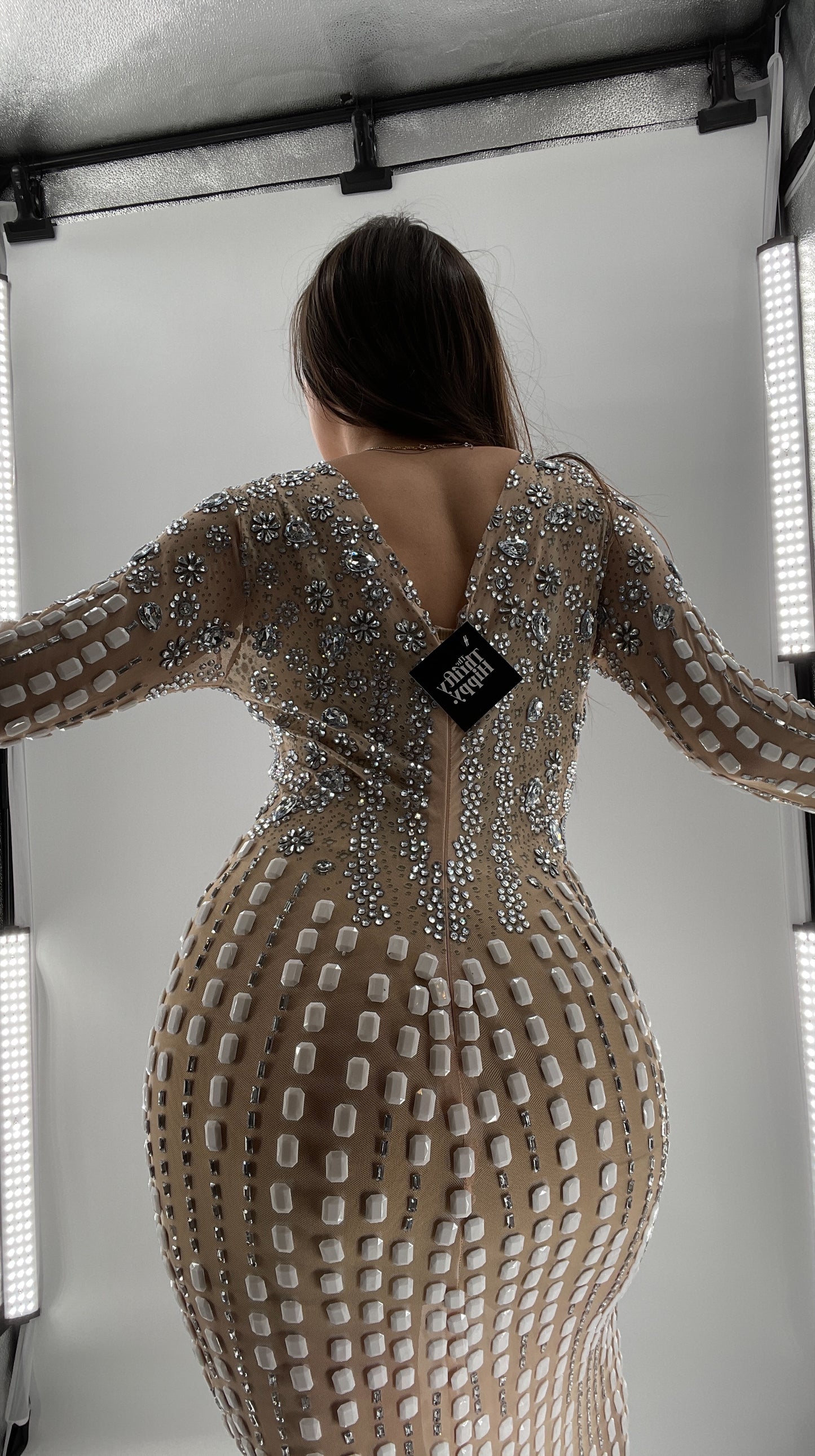 Modified Floor Length Gown Nude Underlay with Crystals and White Jewels (Medium)