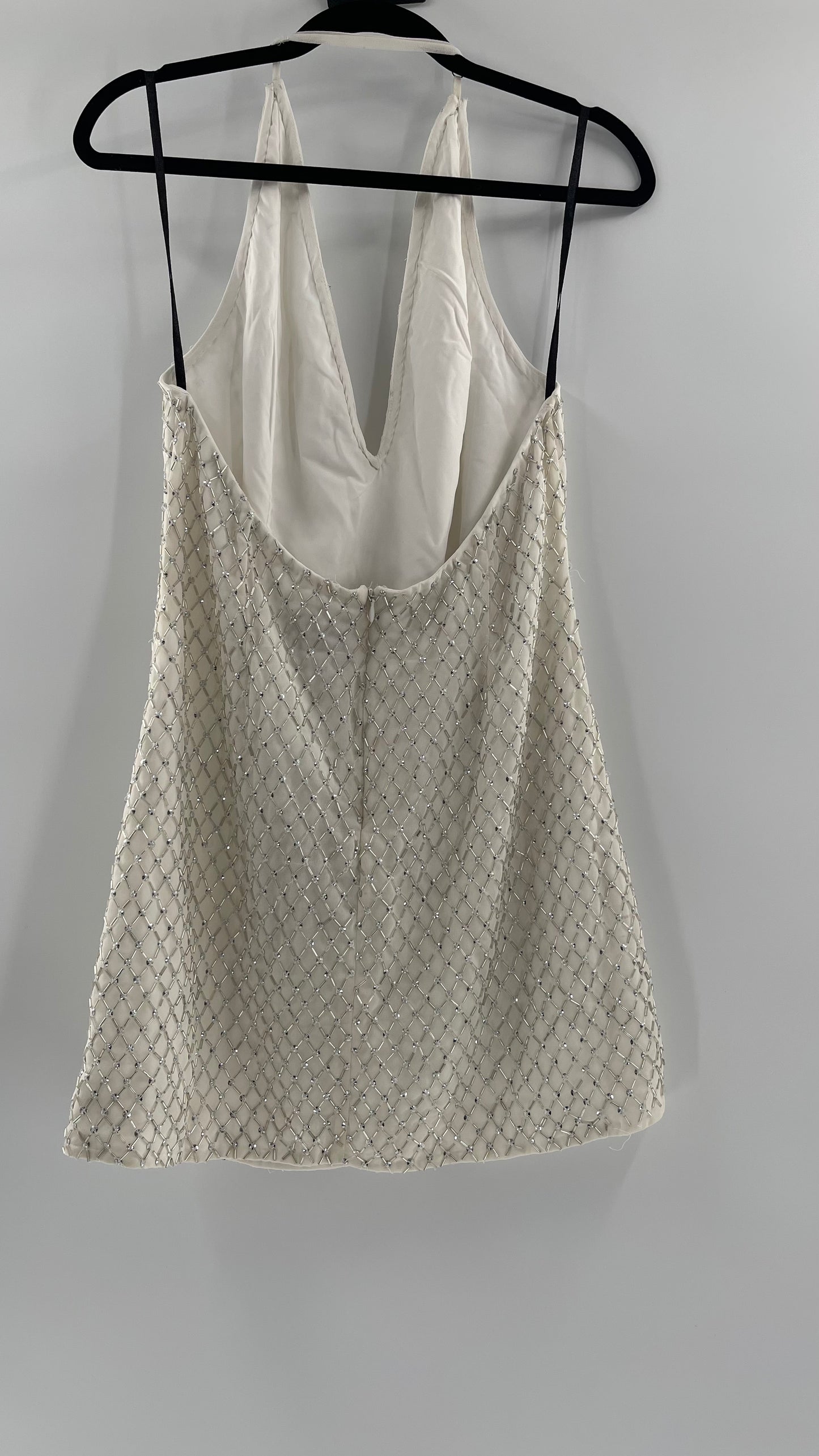 X by NBD White Jack Dress in Ivory Silver Beaded Halter Dress with Tags Attached (Large)