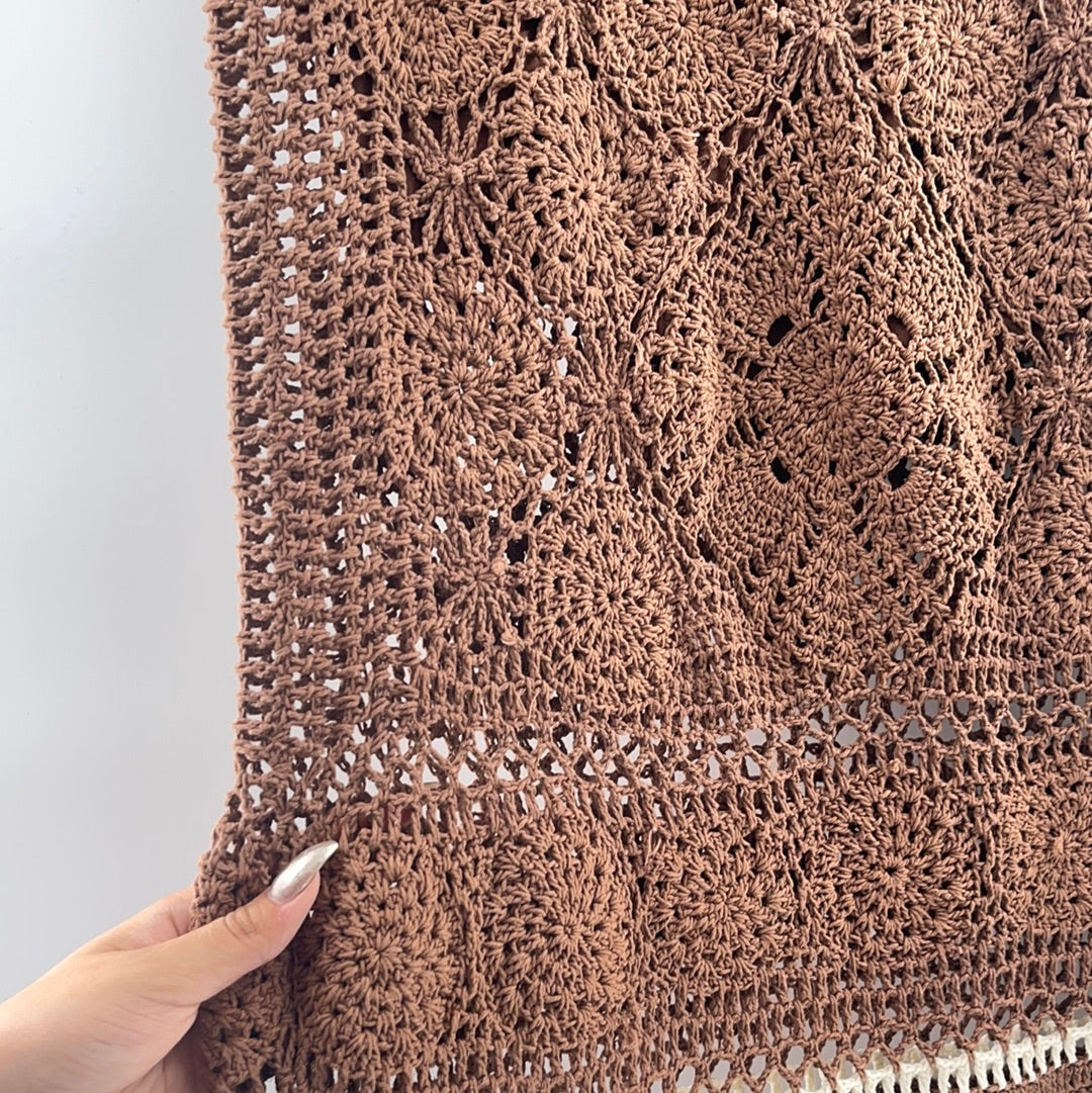 Free People Brown Short with Flowered Crochet Long Skirt (Size L)