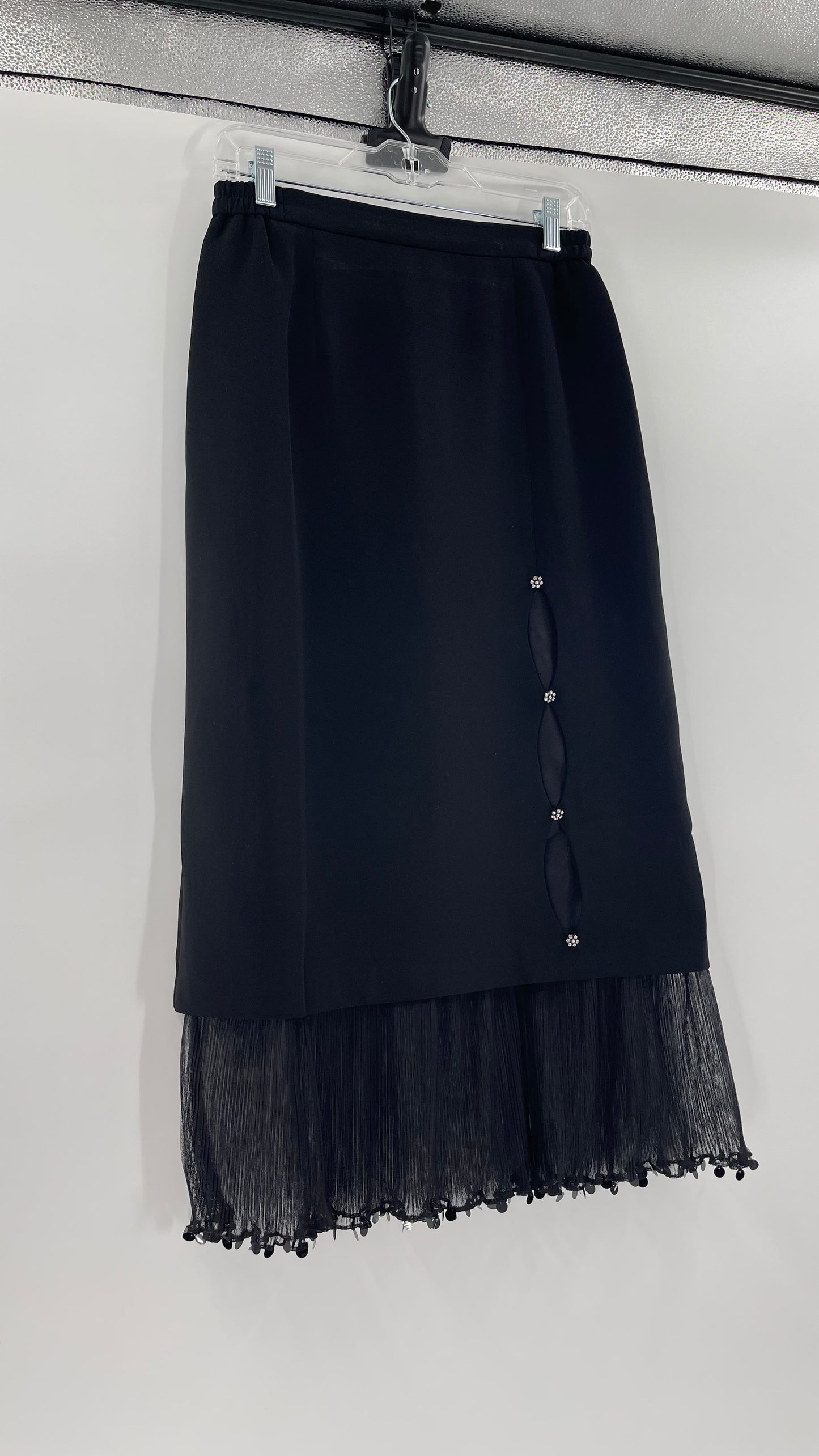Vintage Black Maxi Cut Out/Bejeweled/Pleated Mesh Hem (8)