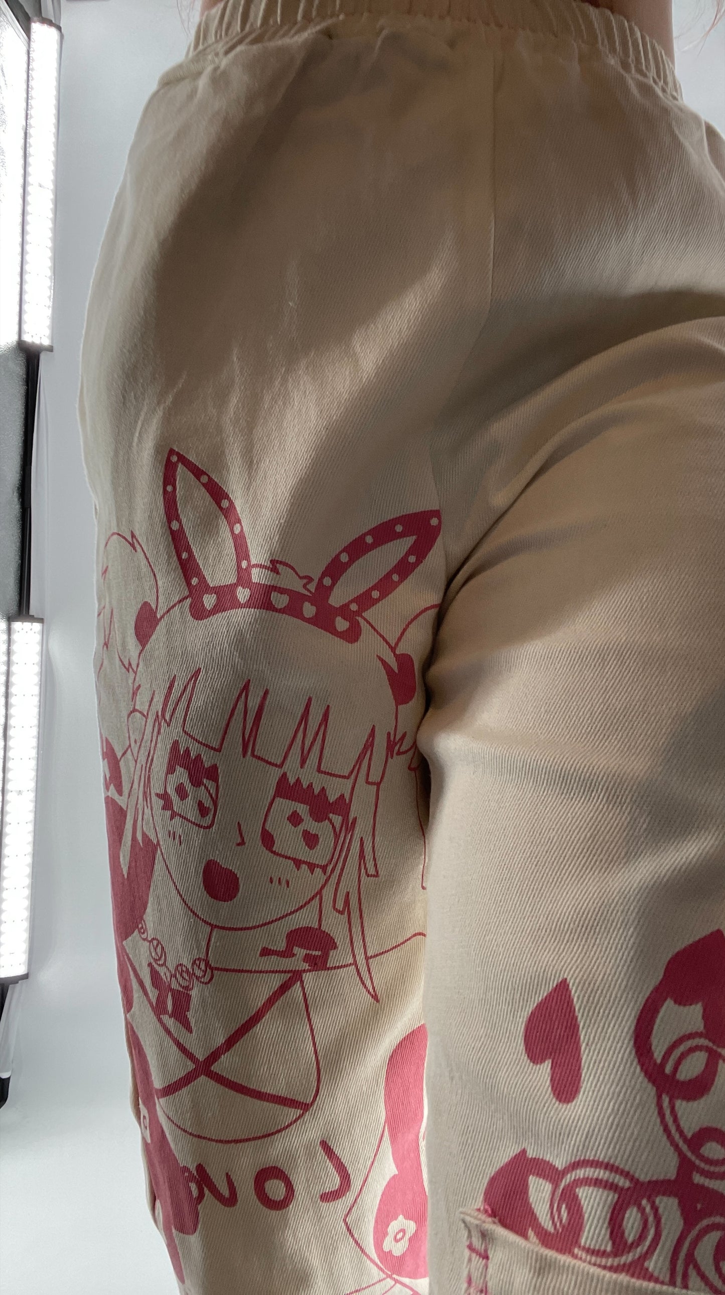 Beige Carpenter Pant with Pocket and Pink Anime Graphic (Medium)