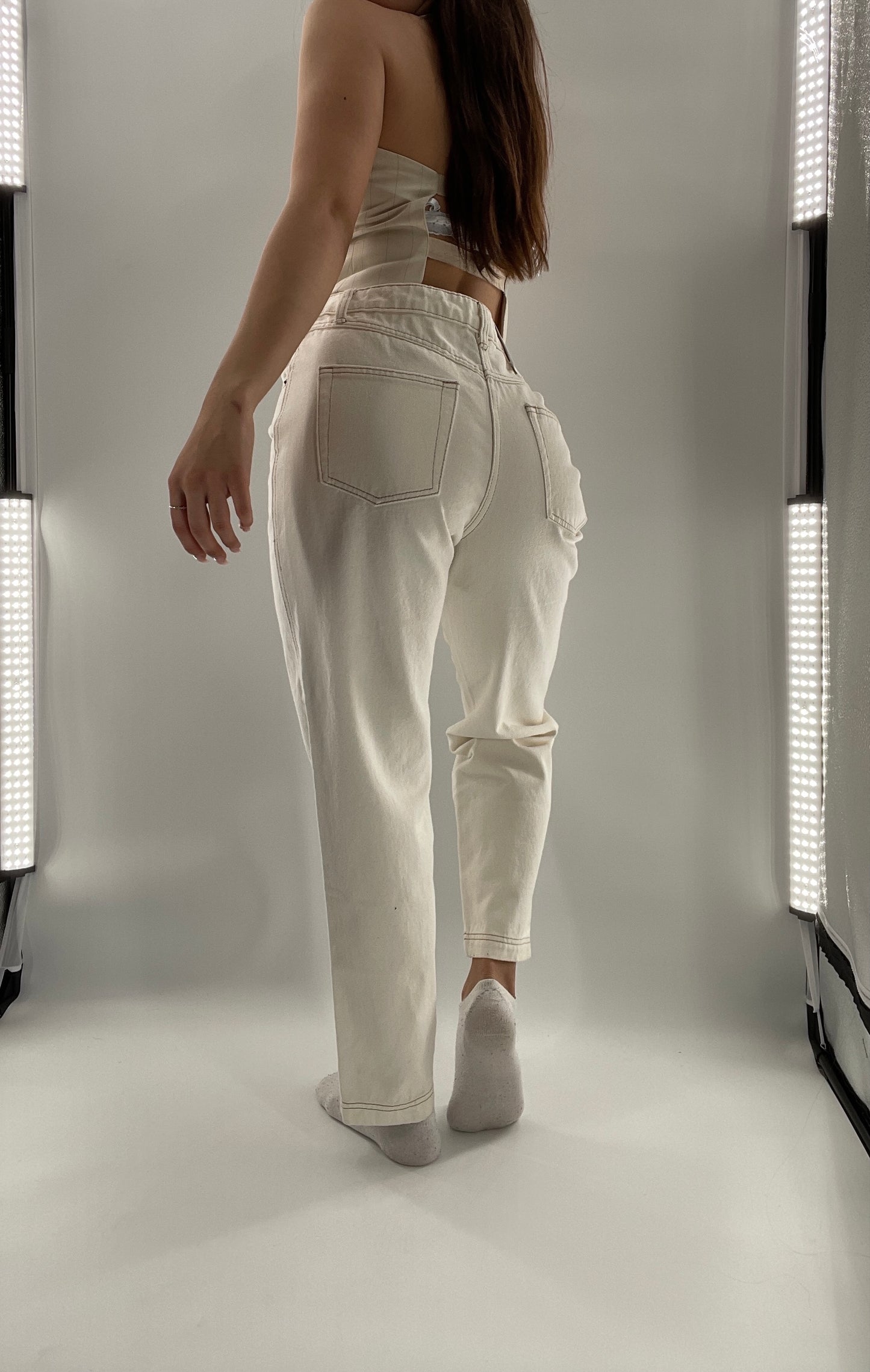 Future Collective Beige Mid Rise Tapered Leg Jeans Assymetric Waistline (4)