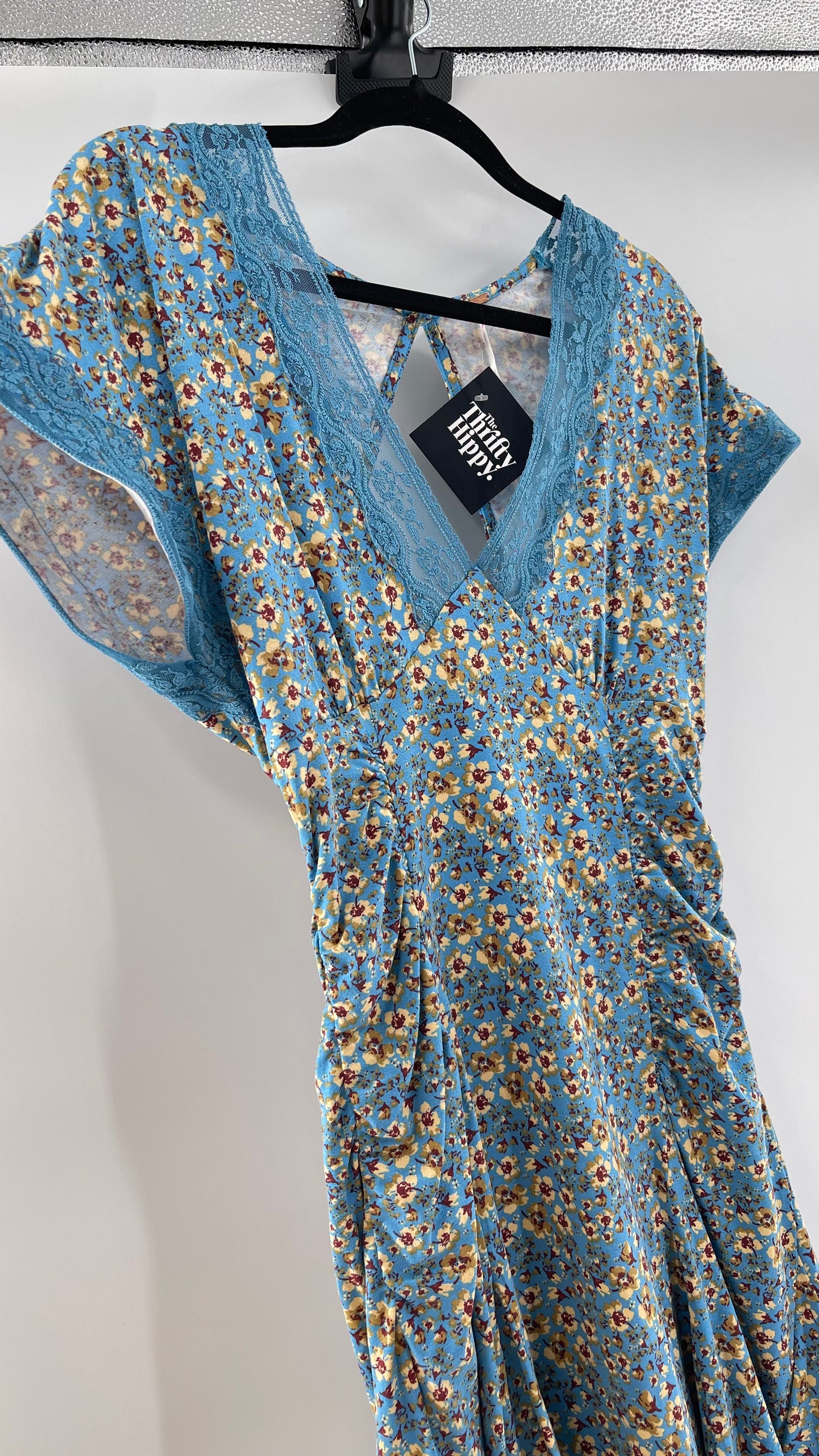 Free People Sweet Talker Blue Floral Ruched Mini Dress (Medium)