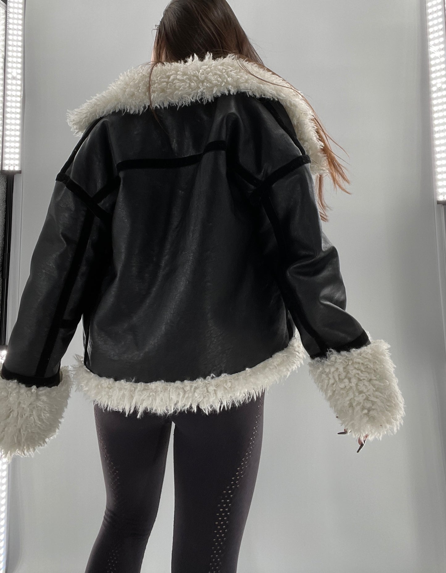 LIONESS Phoenix Jacket Black Faux Leather White Fur Trim (XS)