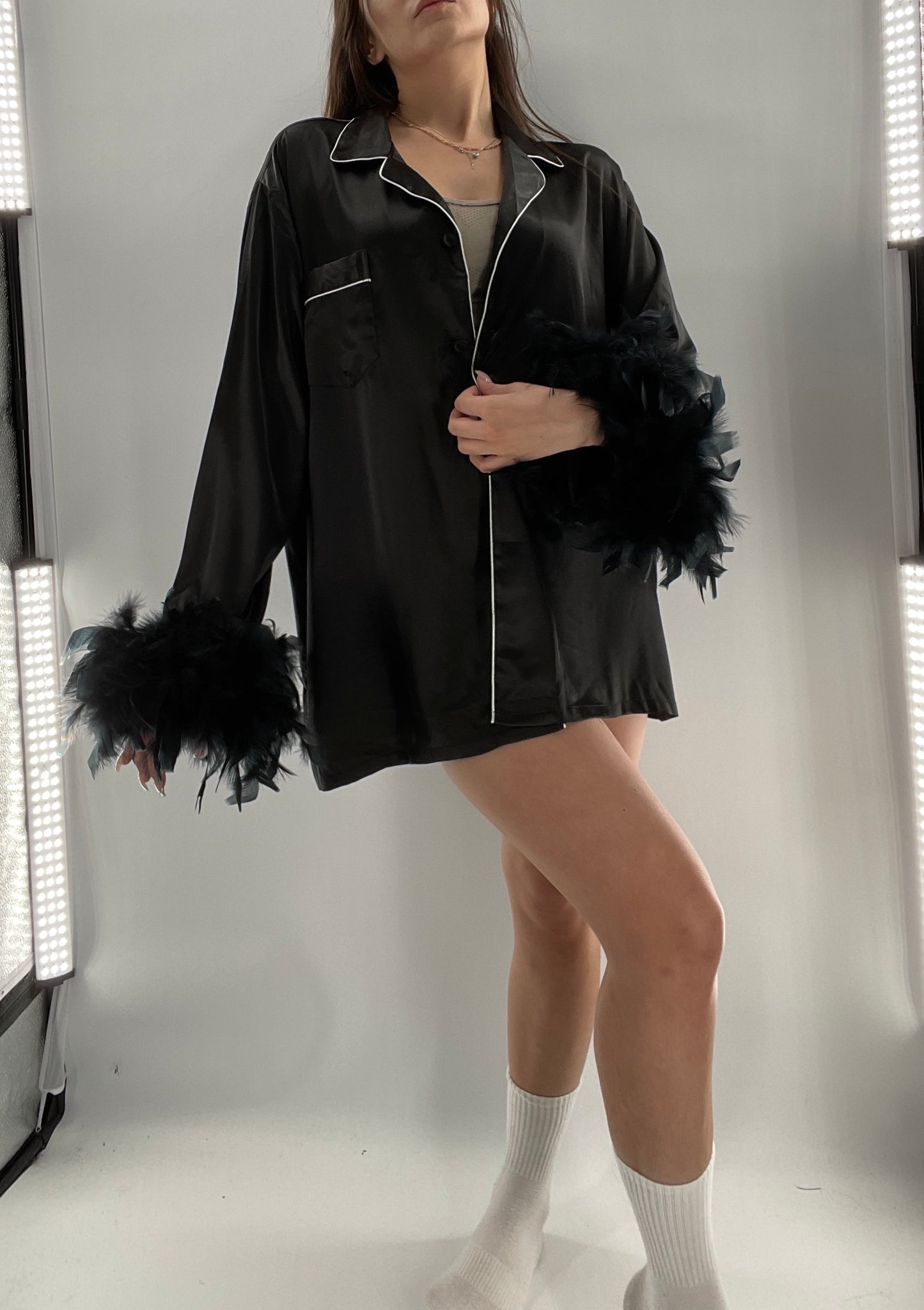 Lonxu Black Satin Pijama Top with Ostrich Feather Cuffs (XXL)