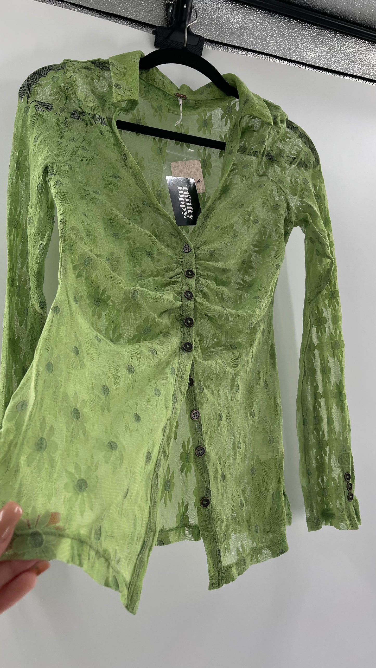Free People Flower Fields Green Lace Collared Button Up (Small)