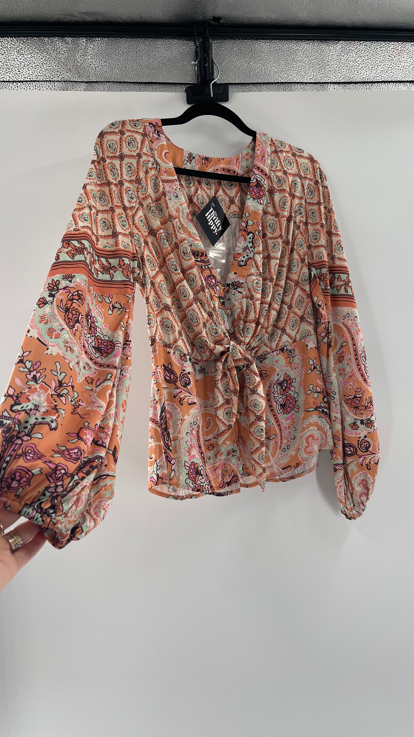 Free People Silky Orange Paisley Tie Front Blouse (M)