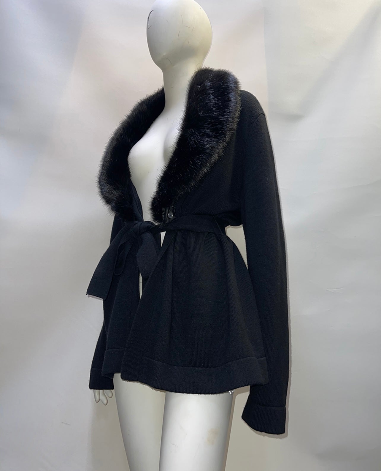 Talbots Black Jacket Cardigan with Fur Collar and Belt (Size L)