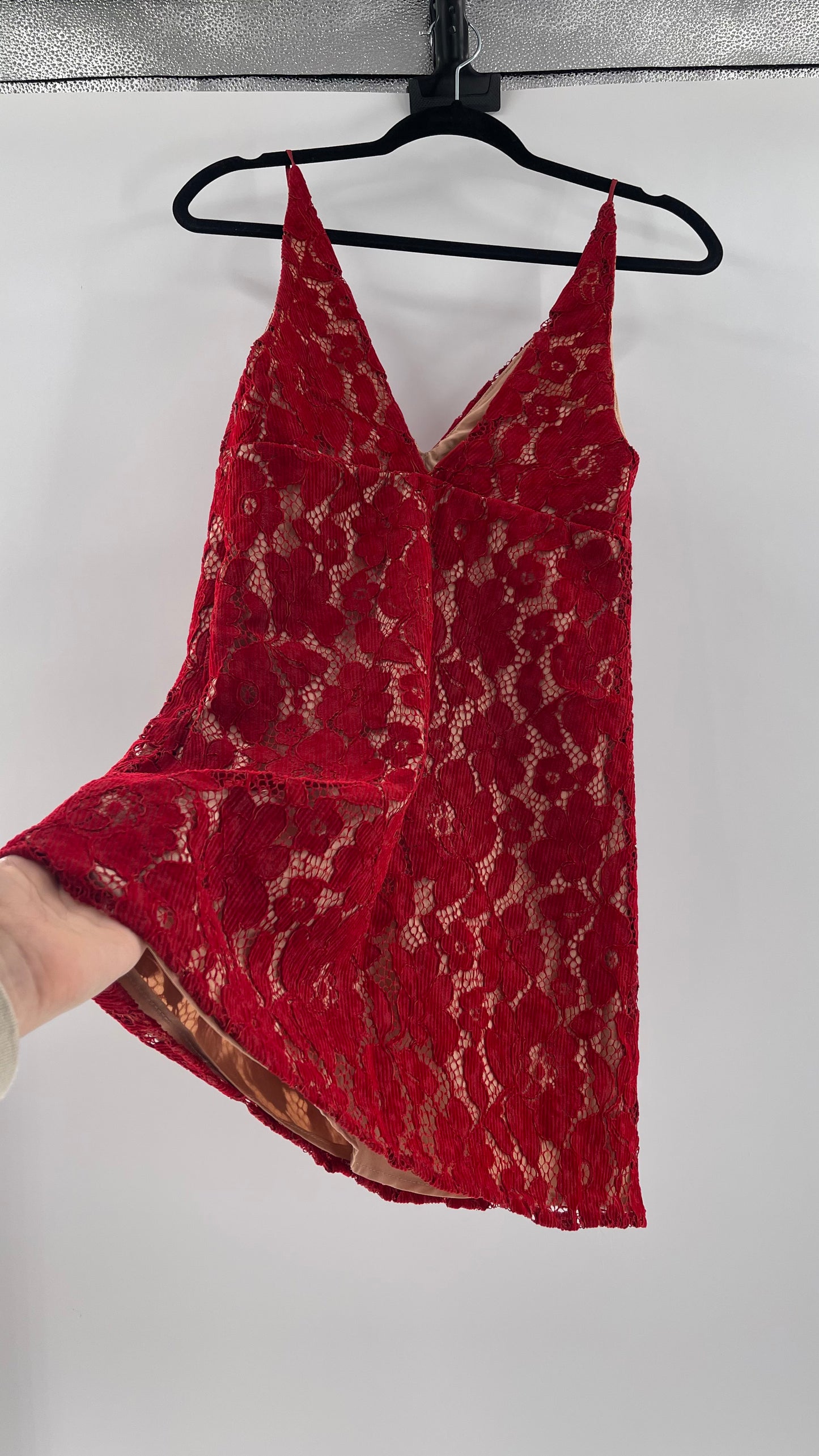 Free People Red Corduroy Lace Over Nude Underlay Sleeveless Mini Dress (Size 0)