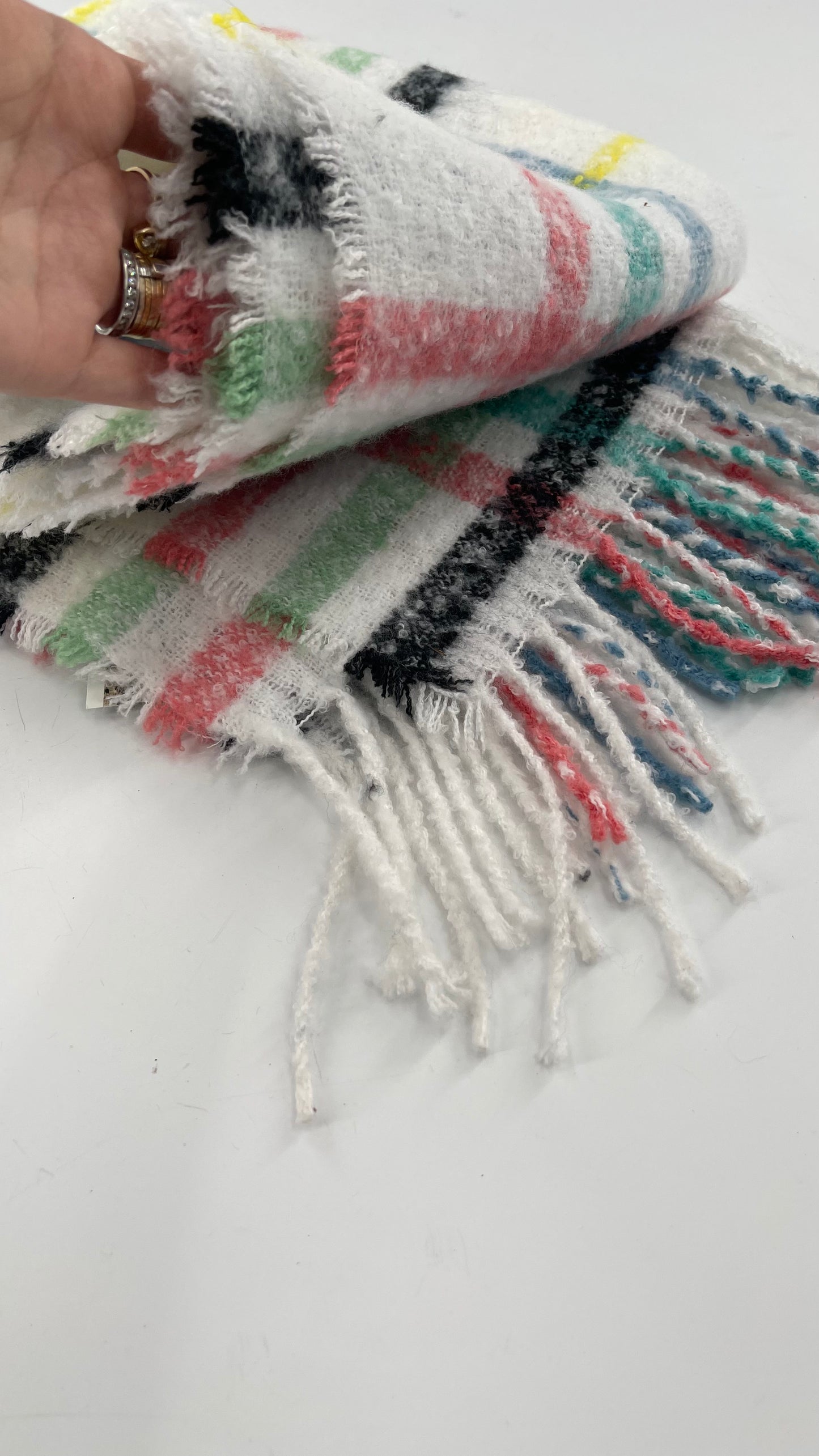Aerie White Scarf with Colorful Flannel Pattern + Fringe