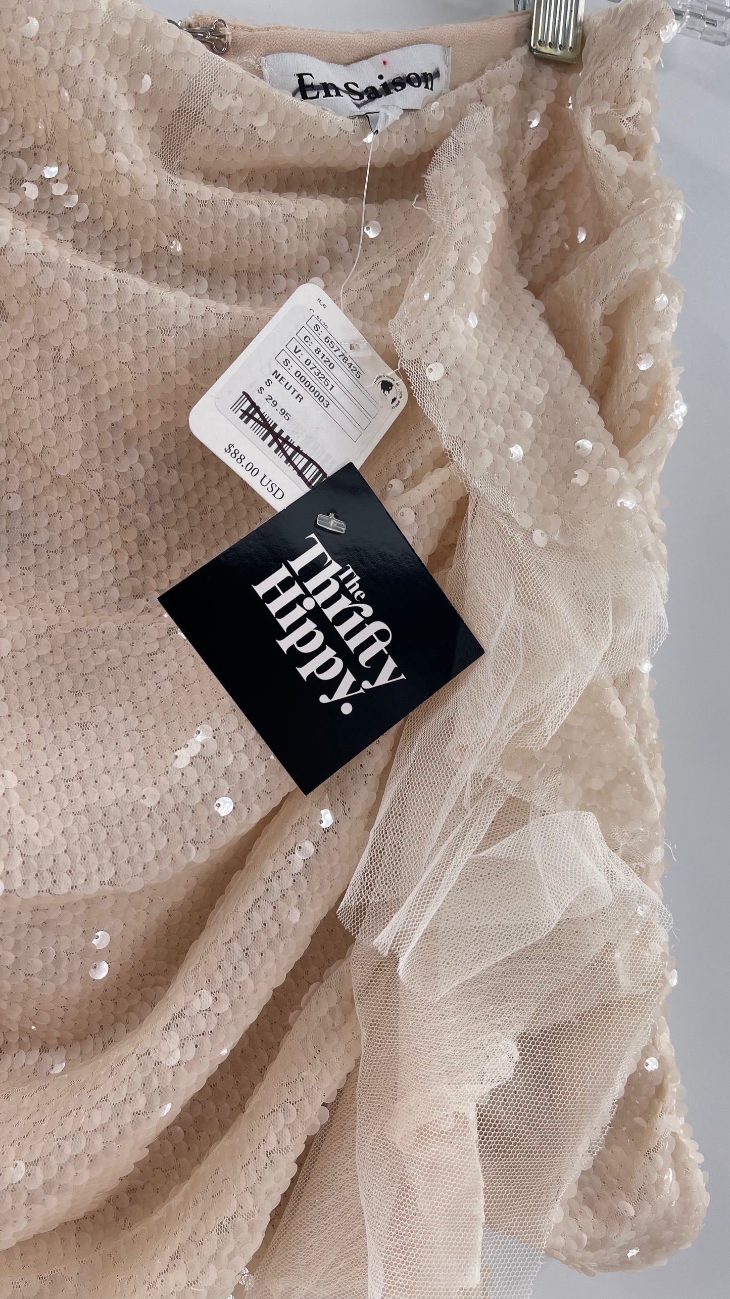 En Saison Free People White Sequin Ruffle Side Mini Skirt (Small)