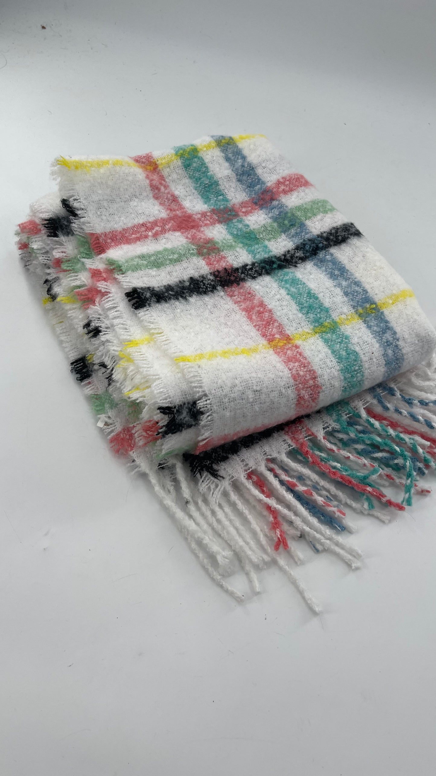 Aerie White Scarf with Colorful Flannel Pattern + Fringe