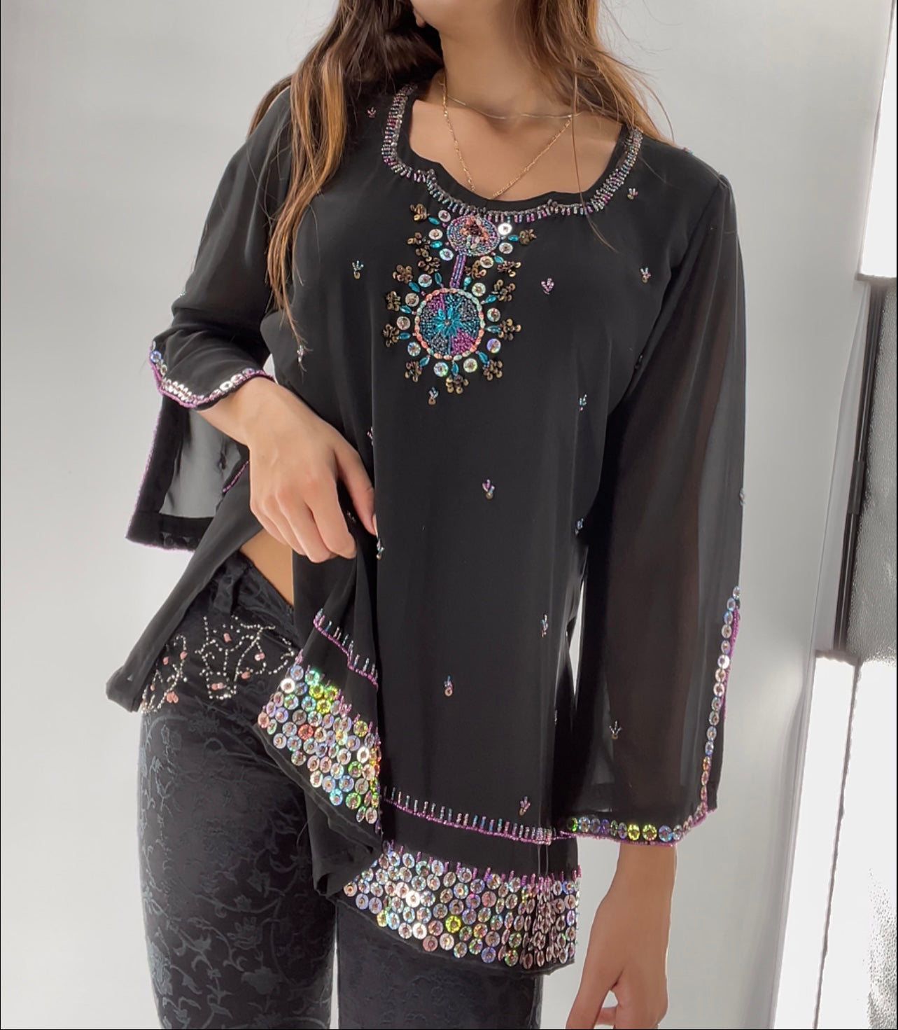 Black Long Sleeve Beaded Tunic (Large)