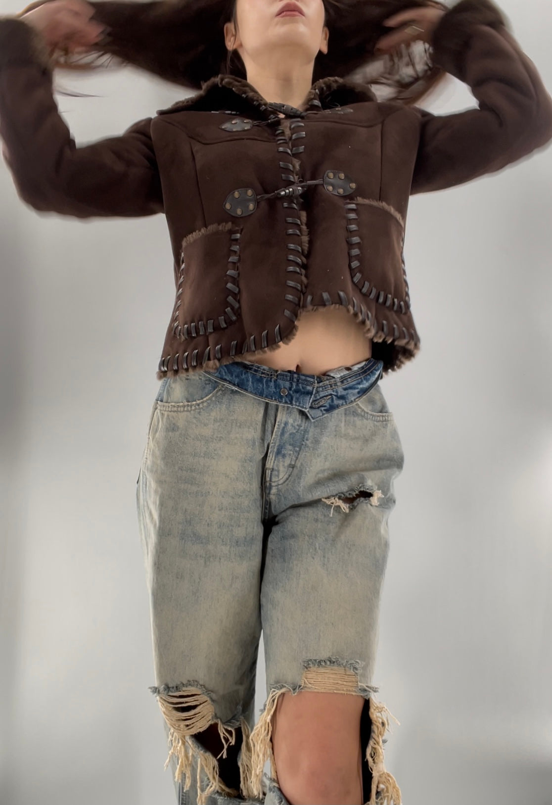 Via Spiga Vintage Faux Suede and Fur Trim Jacket (Small)