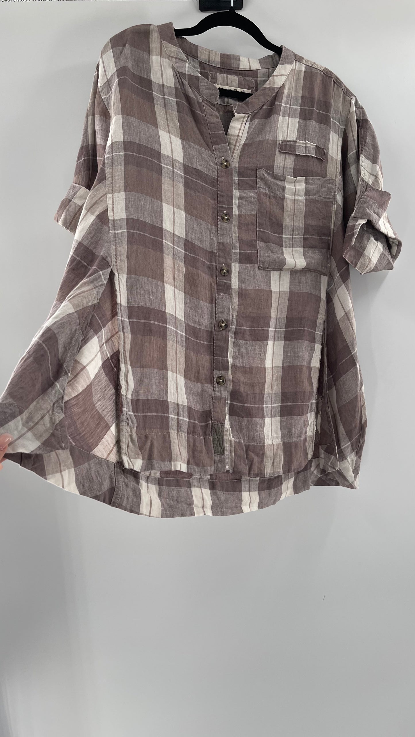 Free People 100% Linen Plaid Grey Short Sleeve (Small)