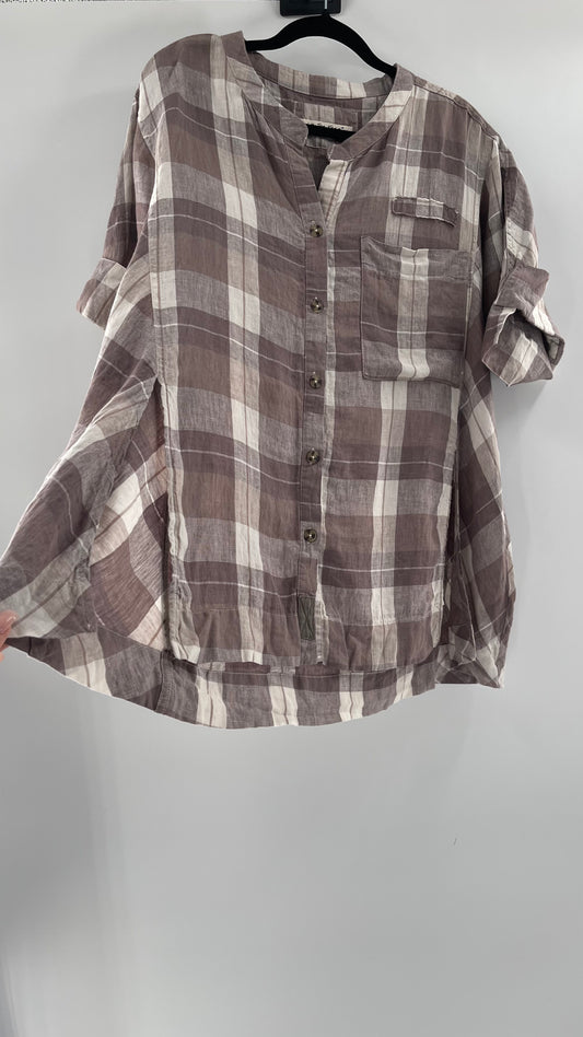 Free People 100% Linen Plaid Grey Short Sleeve (Small)