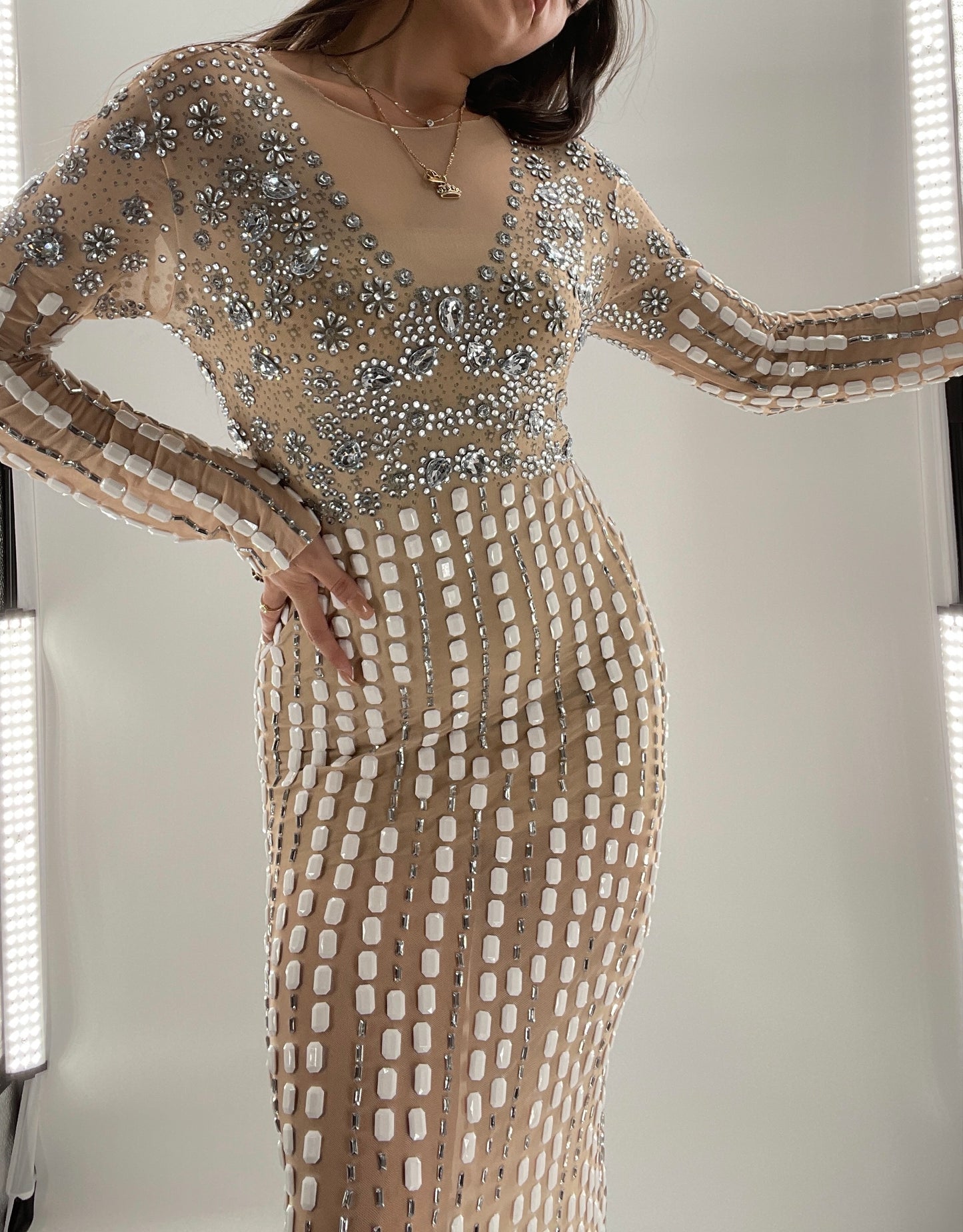 Modified Floor Length Gown Nude Underlay with Crystals and White Jewels (Medium)