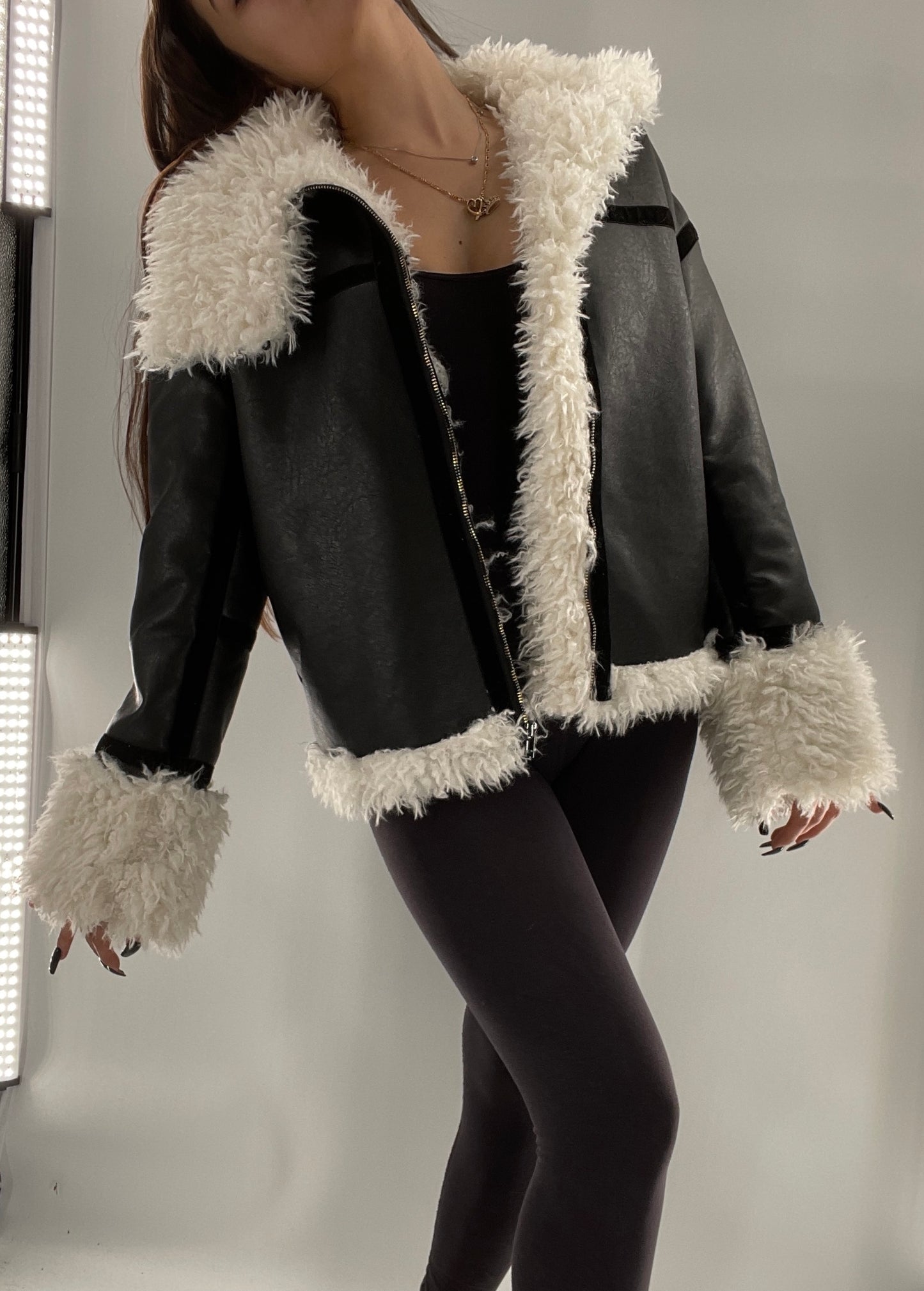 LIONESS Phoenix Jacket Black Faux Leather White Fur Trim (XS)