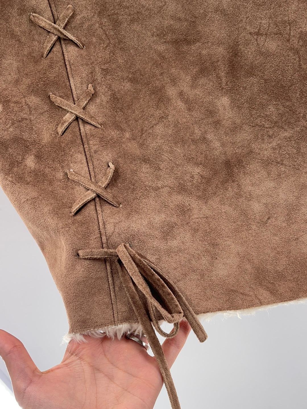 Prague Faux Brown Suede Shearling Lining Lace Up Detail on Sleeves and Front of Coat (Size Large)