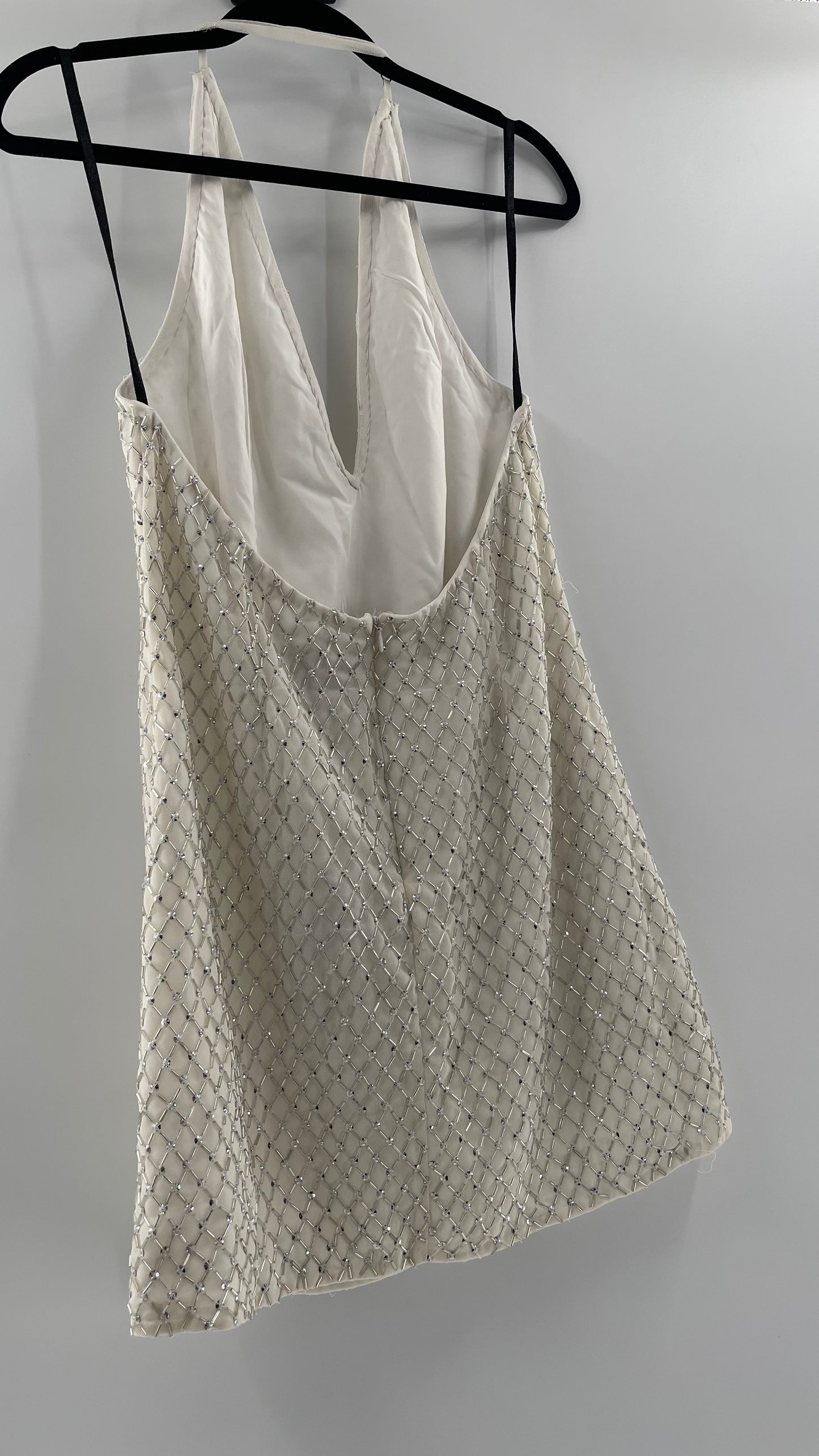 X by NBD White Jack Dress in Ivory Silver Beaded Halter Dress with Tags Attached (Large)