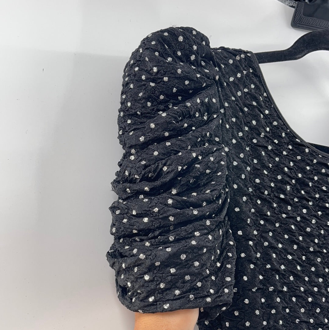 Urban Outfitters - Low Rounded V Neck Glitter Polkadot Mini Dress (Size Small)