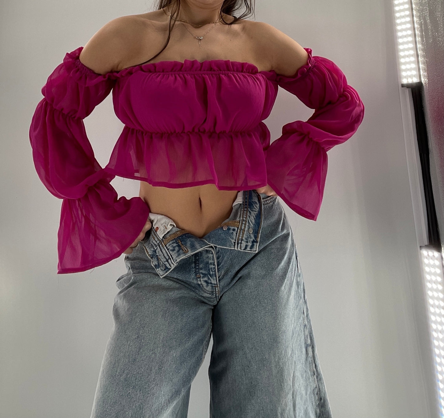 Fashion Nova Fuchsia Sheer Long Sleeve Crop (Small)
