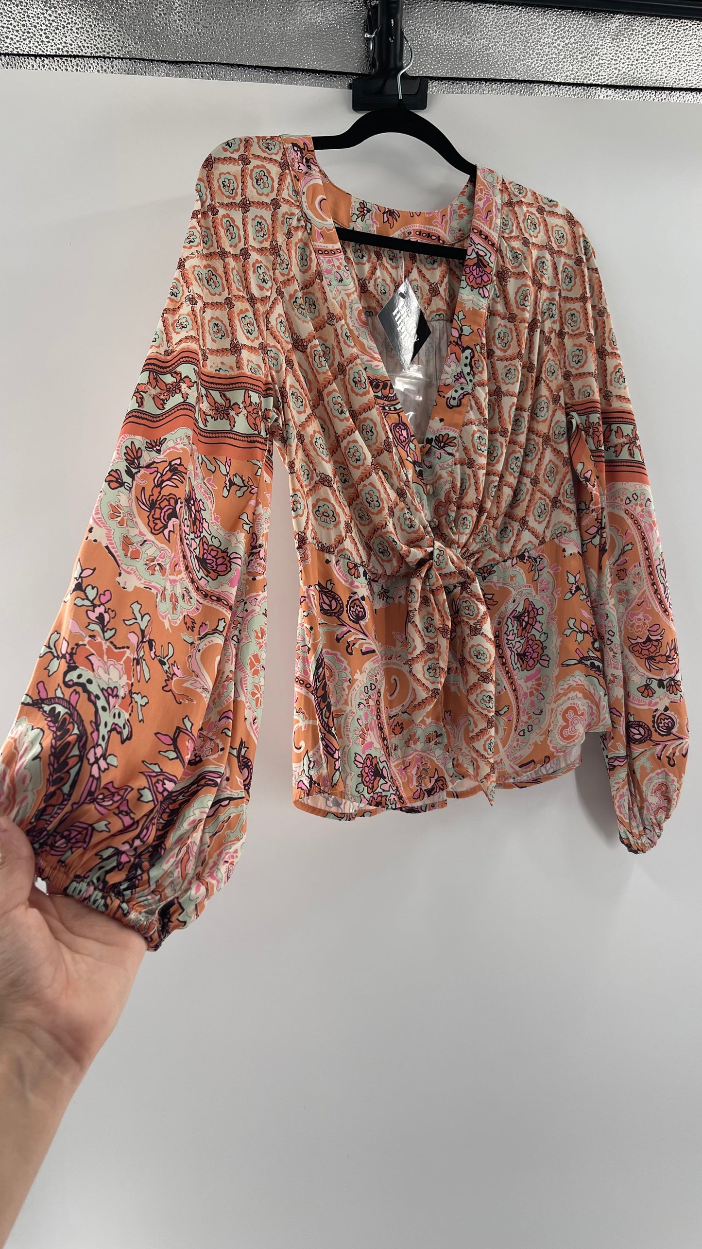 Free People Silky Orange Paisley Tie Front Blouse (M)