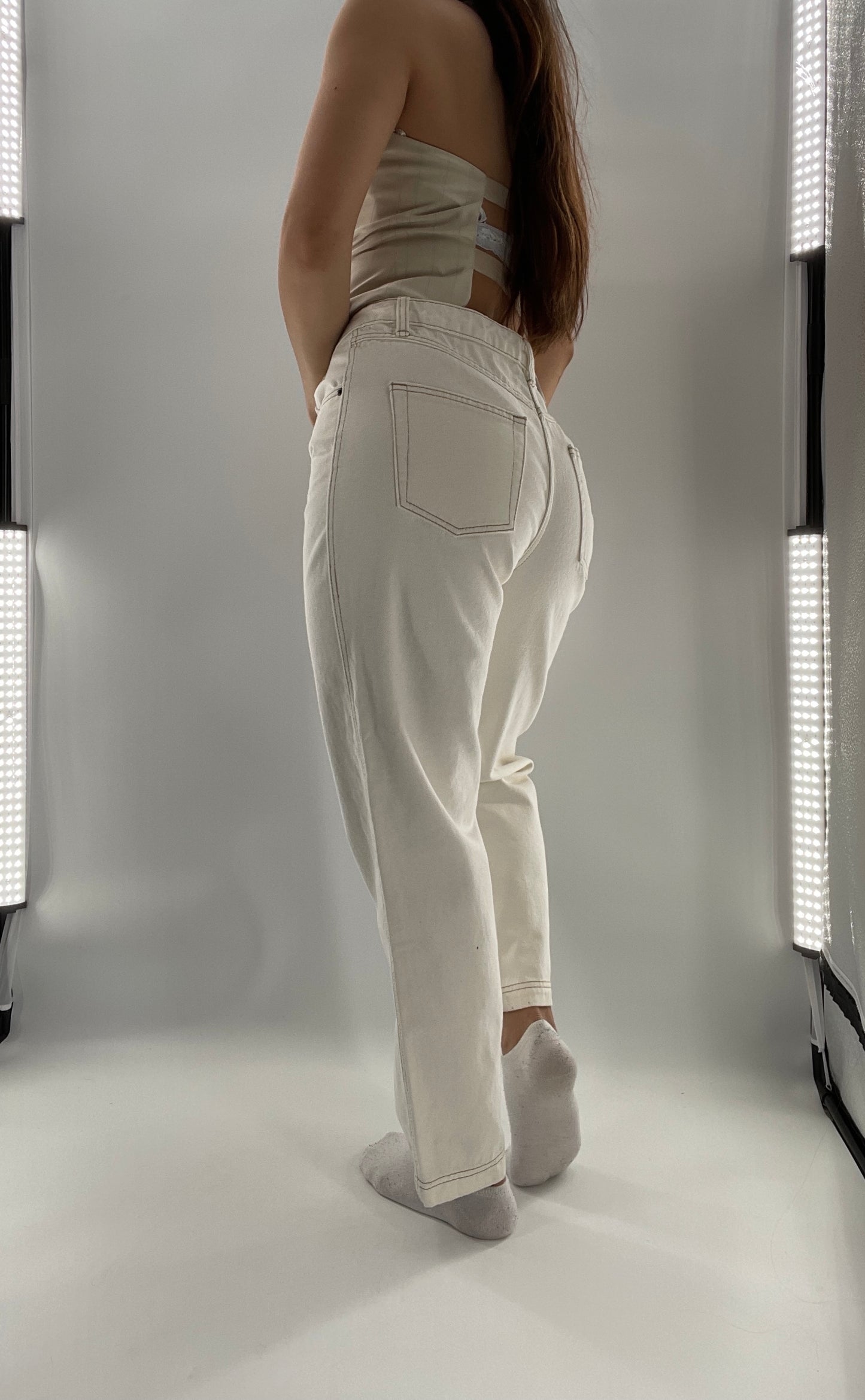 Future Collective Beige Mid Rise Tapered Leg Jeans Assymetric Waistline (4)