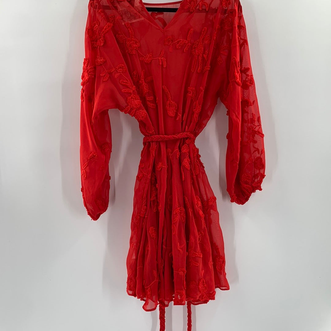 Mare Mare - Red Mesh Embroidered Flower Mini Dress