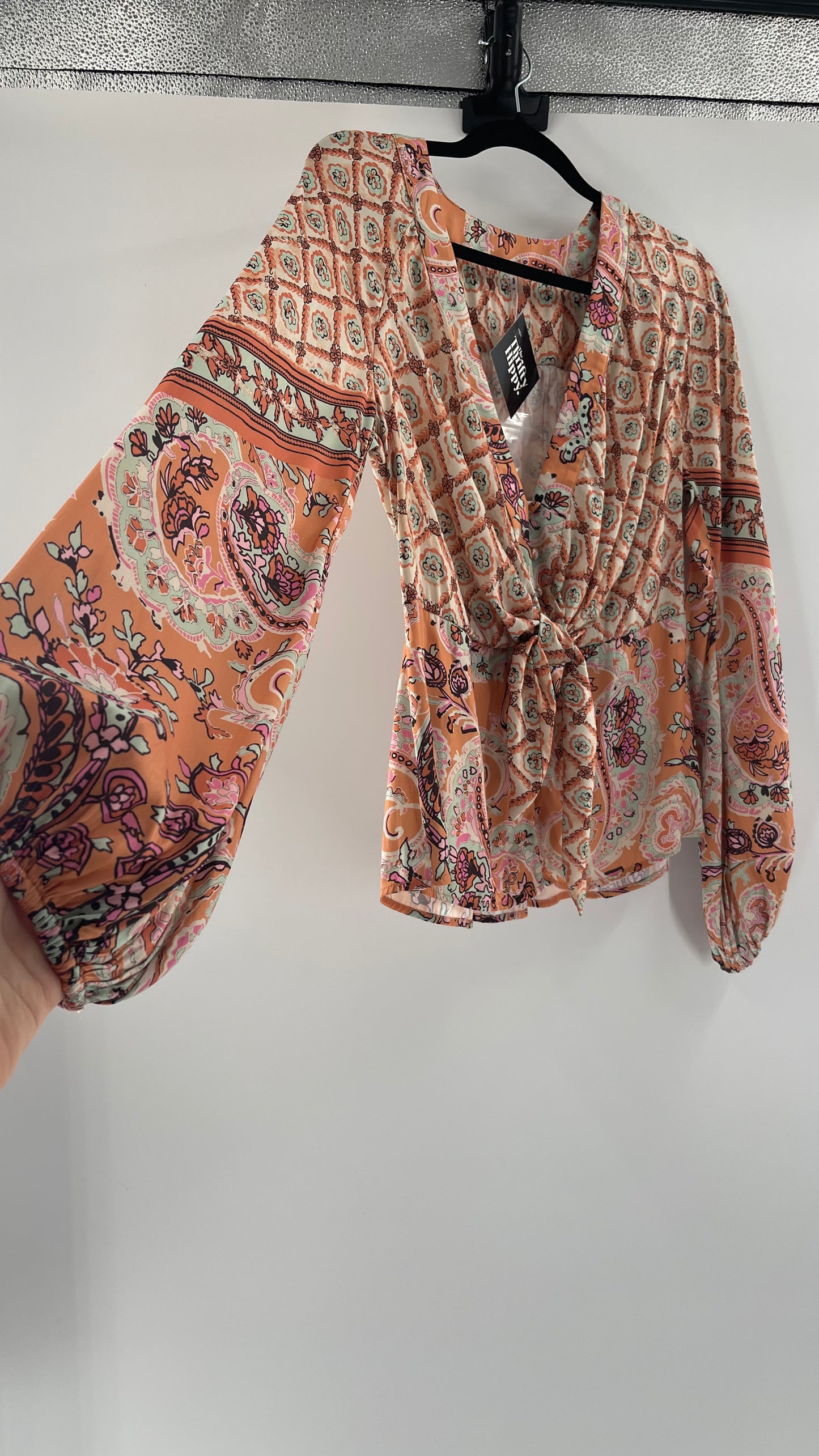 Free People Silky Orange Paisley Tie Front Blouse (M)