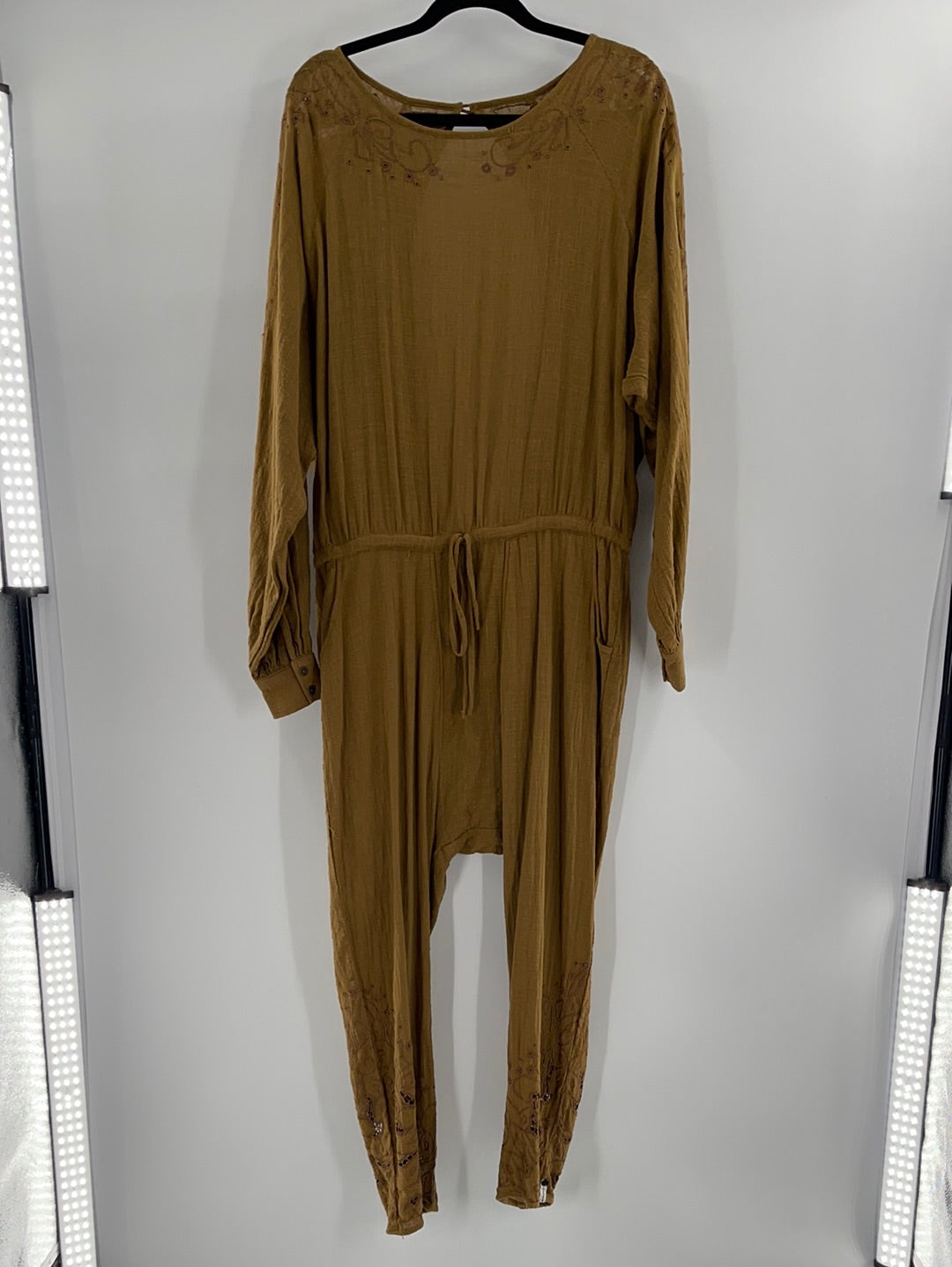 Free People - One Teaspoon - Tobacco Long Sleeve Embroidered Laser Cut Details Adjustable Drawstring Waist Line With Side Pockets Backless Jumpsuit (Size Small) - WITH TAG -