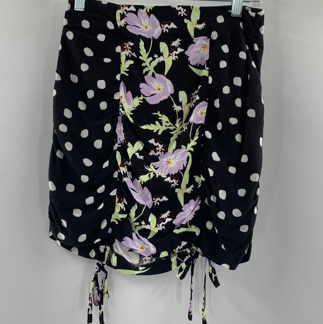 Urban Outfitters Ruched Black Mini Skirt With White Polka Dots and Lilac and Green Flowers (Size M)